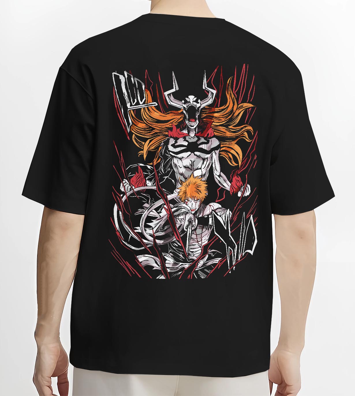Black T-shirt worn by a male model, back view, featuring Ichigo Bleach anime poster inspired artwork with hollow form transformation and striking red manga details.