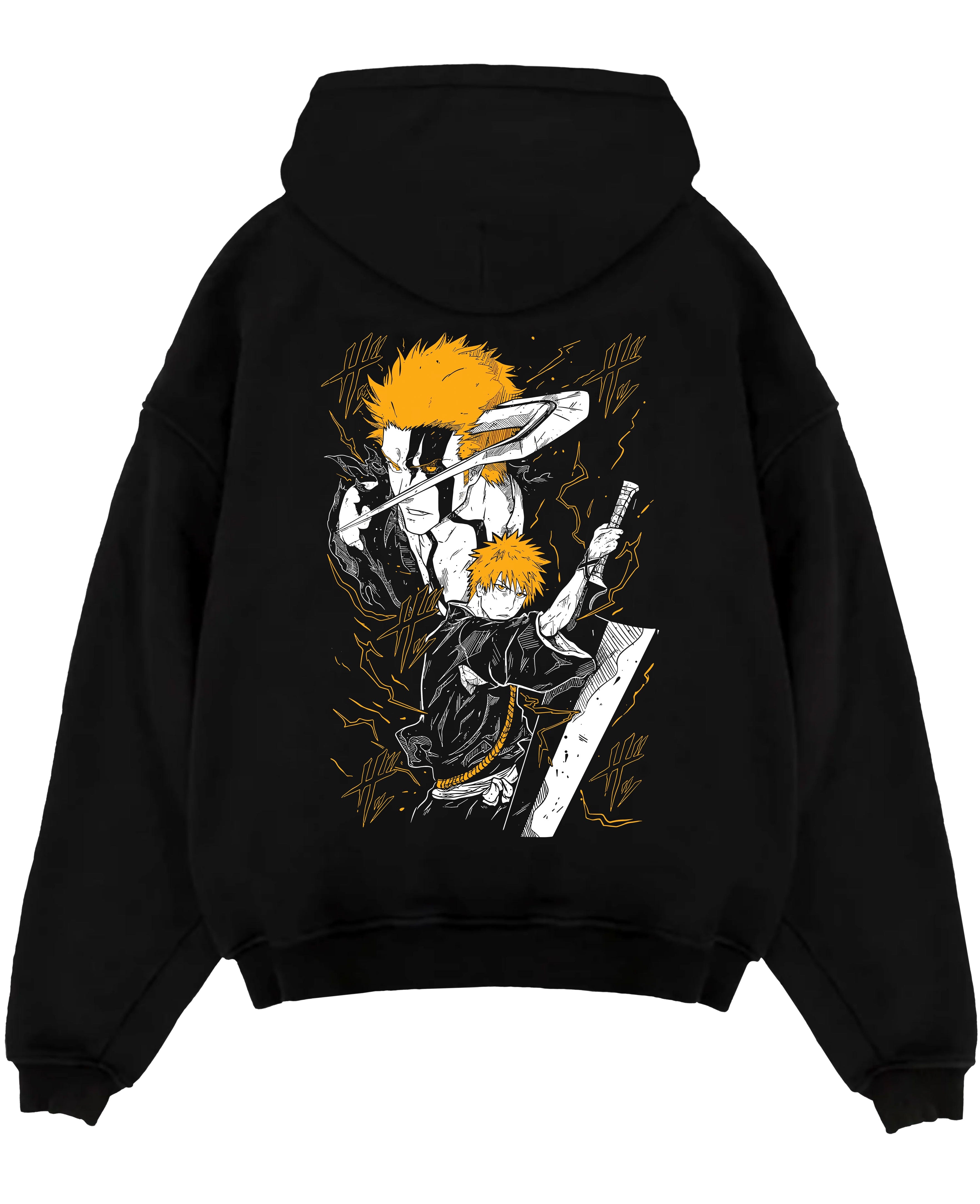 Black pullover hoodie laid flat on a white background, featuring Ichigo Bleach anime poster inspired design with bold retro manga artwork in fiery orange accents.