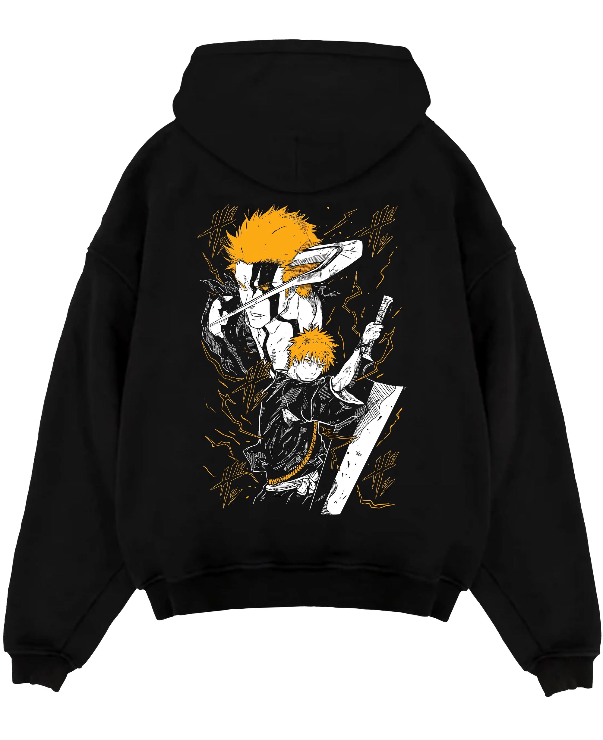 Black pullover hoodie laid flat on a white background, featuring Ichigo Bleach anime poster inspired design with bold retro manga artwork in fiery orange accents.