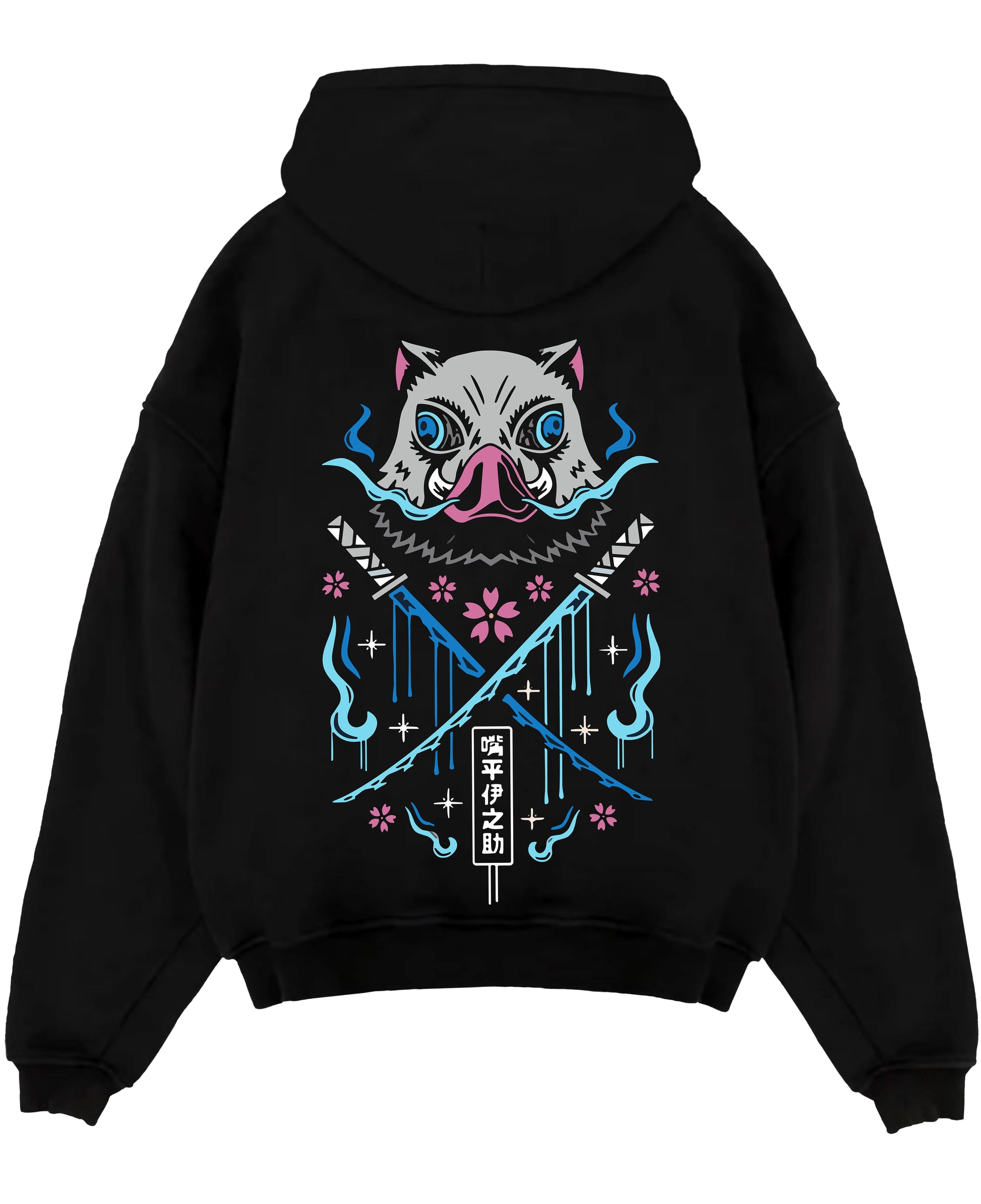Black pullover hoodie laid flat on white, featuring Inosuke Demon Slayer boar mask back graphic with crossed blades, blue flames and cherry blossoms.