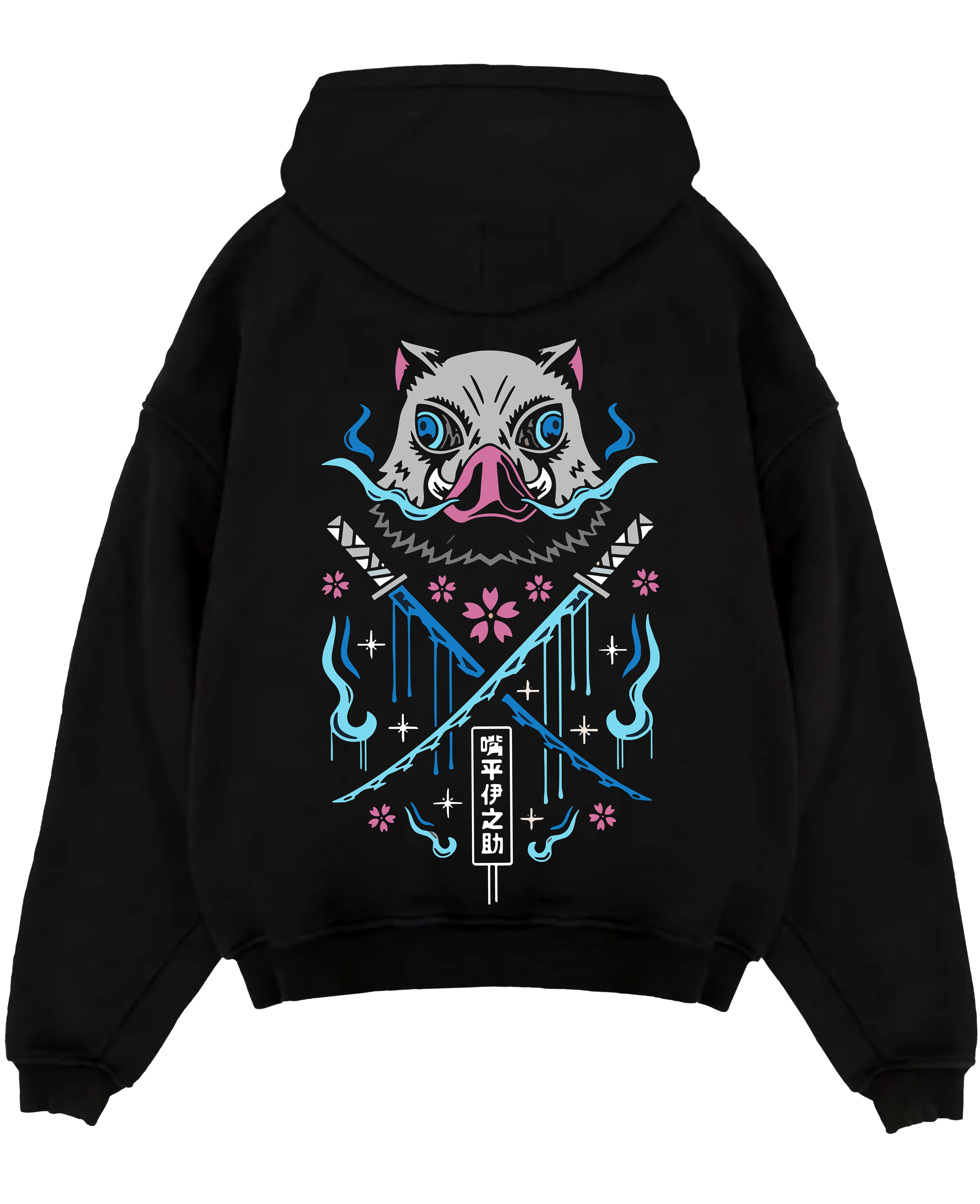 Black pullover hoodie laid flat on white, featuring Inosuke Demon Slayer boar mask back graphic with crossed blades, blue flames and cherry blossoms.