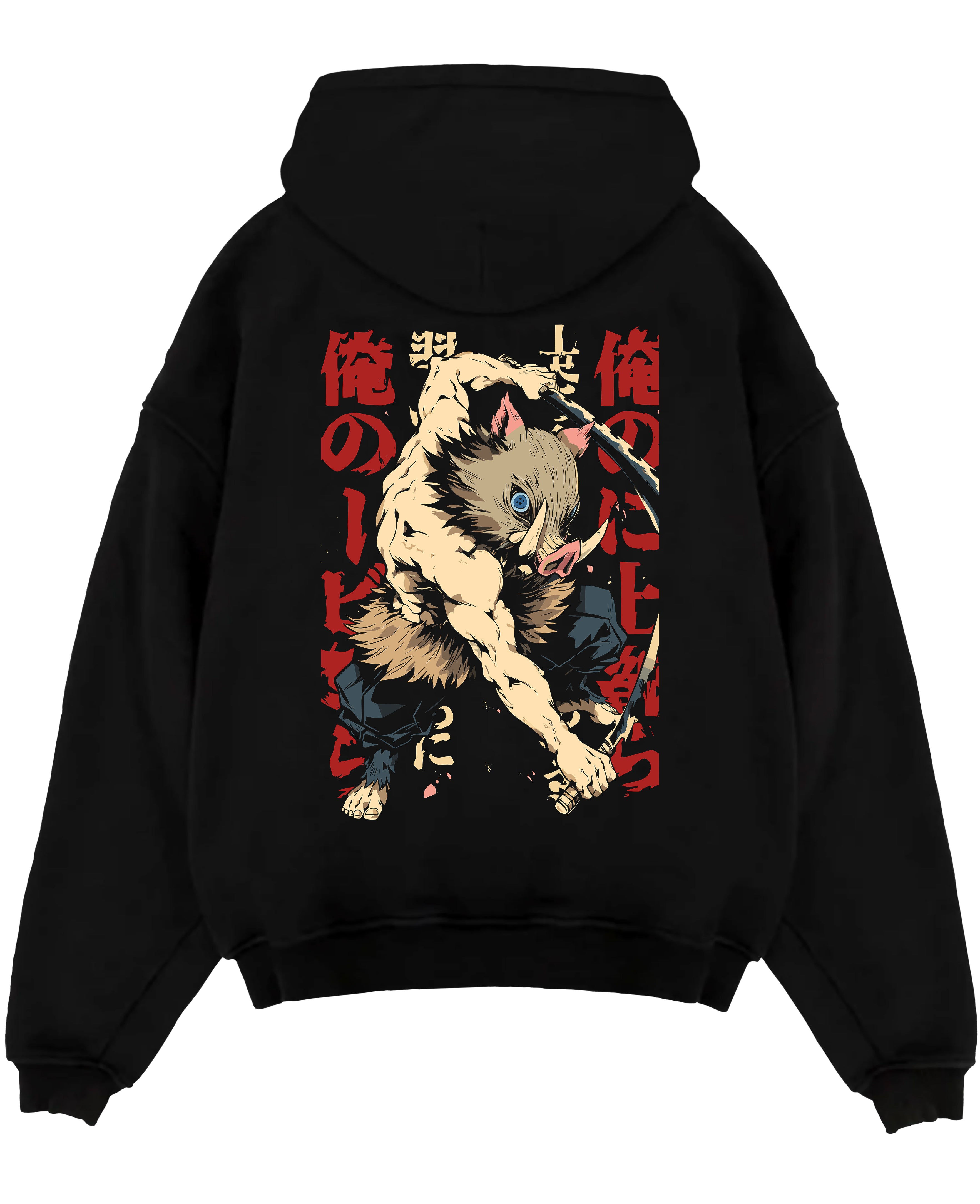 Black pullover hoodie laid flat on a white background, featuring Inosuke Demon Slayer anime poster inspired artwork with dual blades in retro manga battle style.