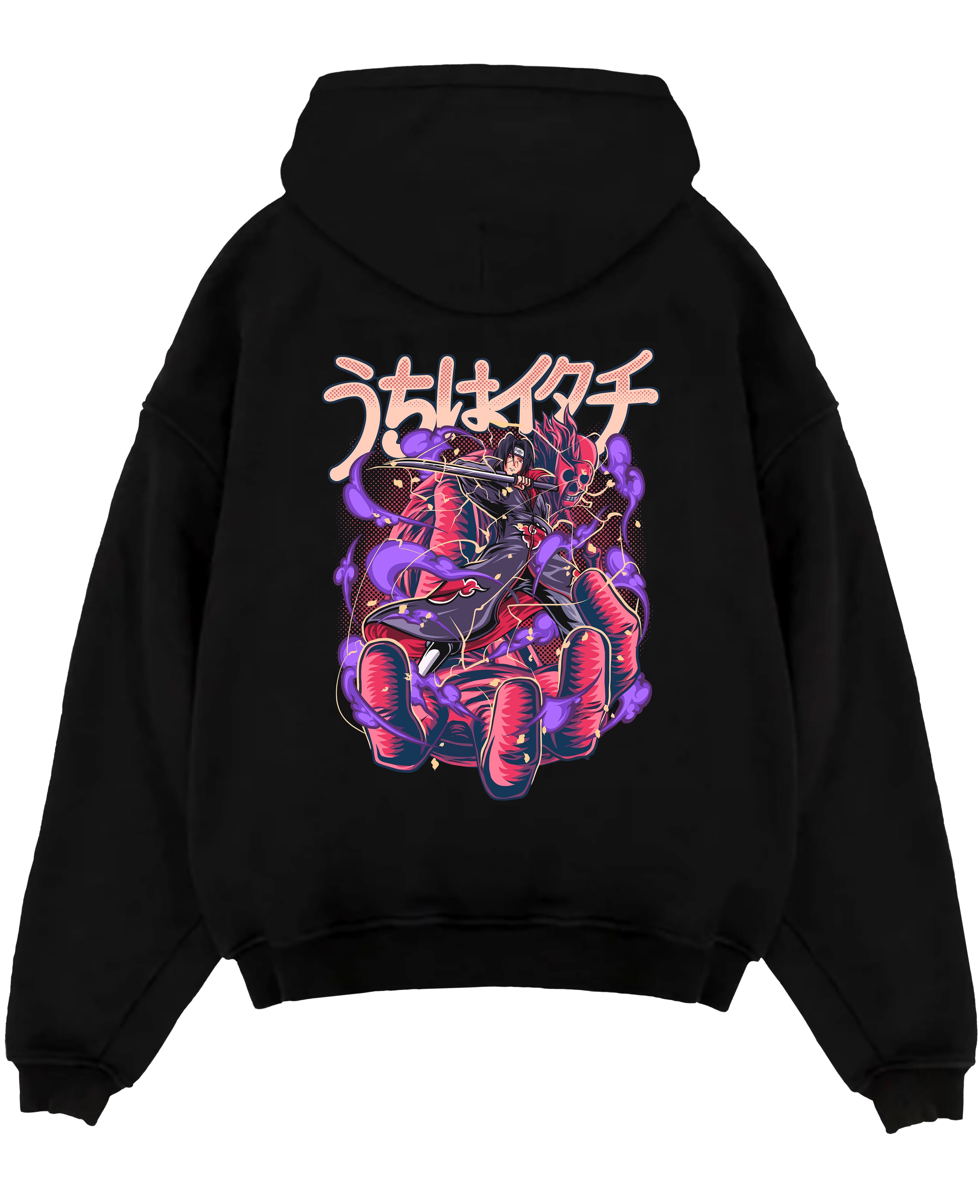 Black pullover hoodie laid flat on white, featuring Itachi Uchiha anime poster graphic with purple Susanoo aura and bold Japanese lettering.