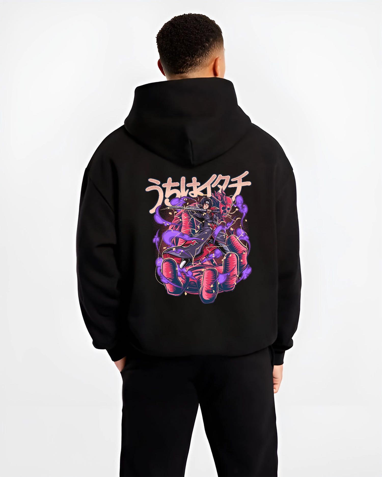 Black hoodie on male model, back view, showing Itachi Uchiha with Susanoo purple energy, retro manga styling and Japanese header.