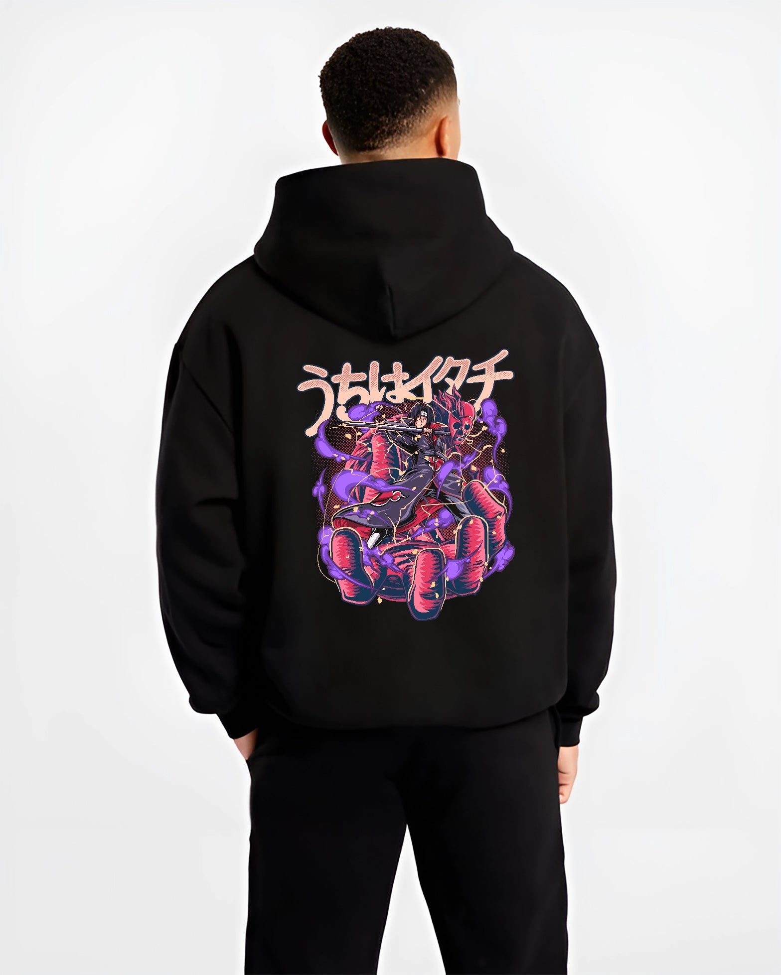 Black hoodie on male model, back view, showing Itachi Uchiha with Susanoo purple energy, retro manga styling and Japanese header.
