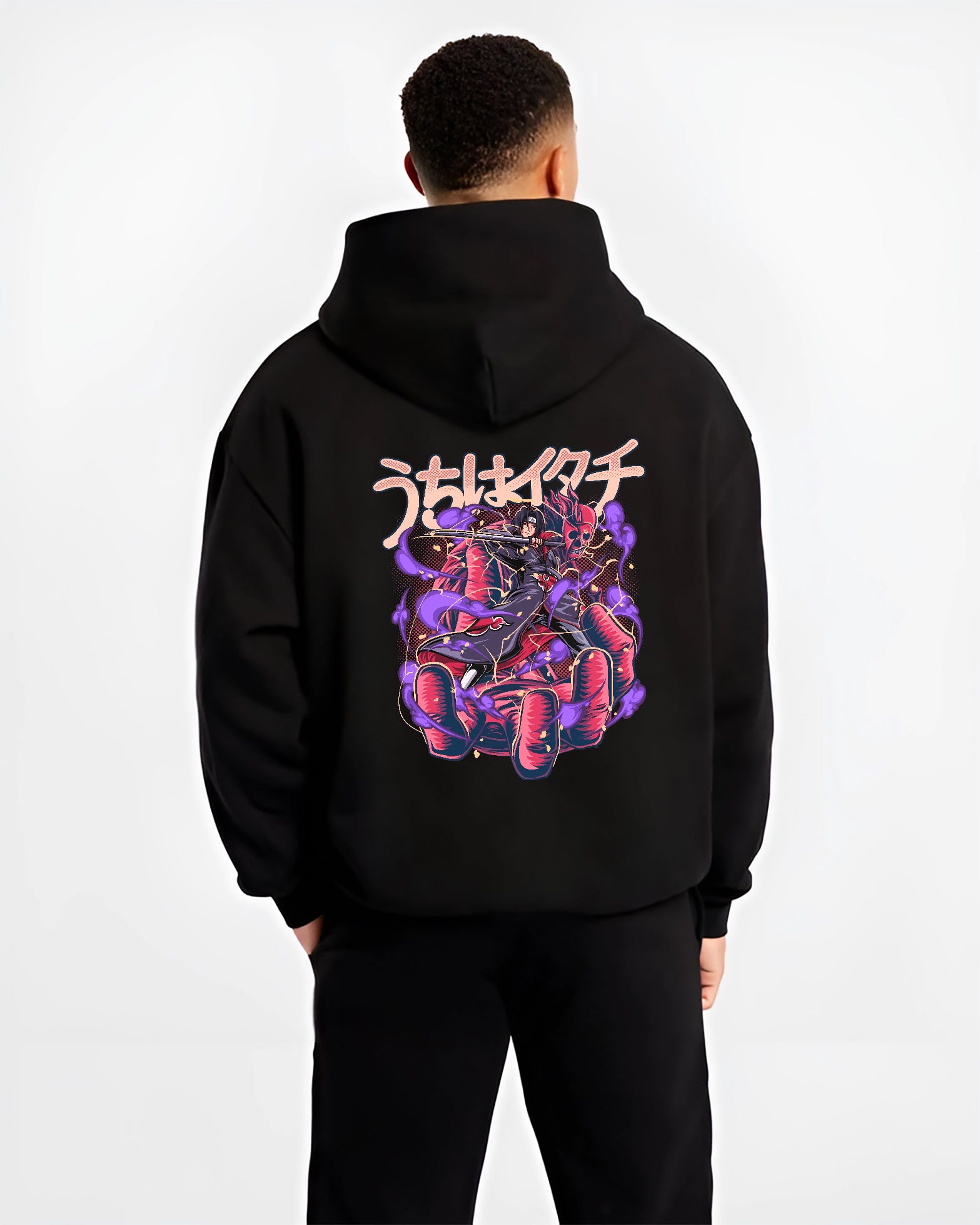 Black hoodie on male model, back view, showing Itachi Uchiha with Susanoo purple energy, retro manga styling and Japanese header.