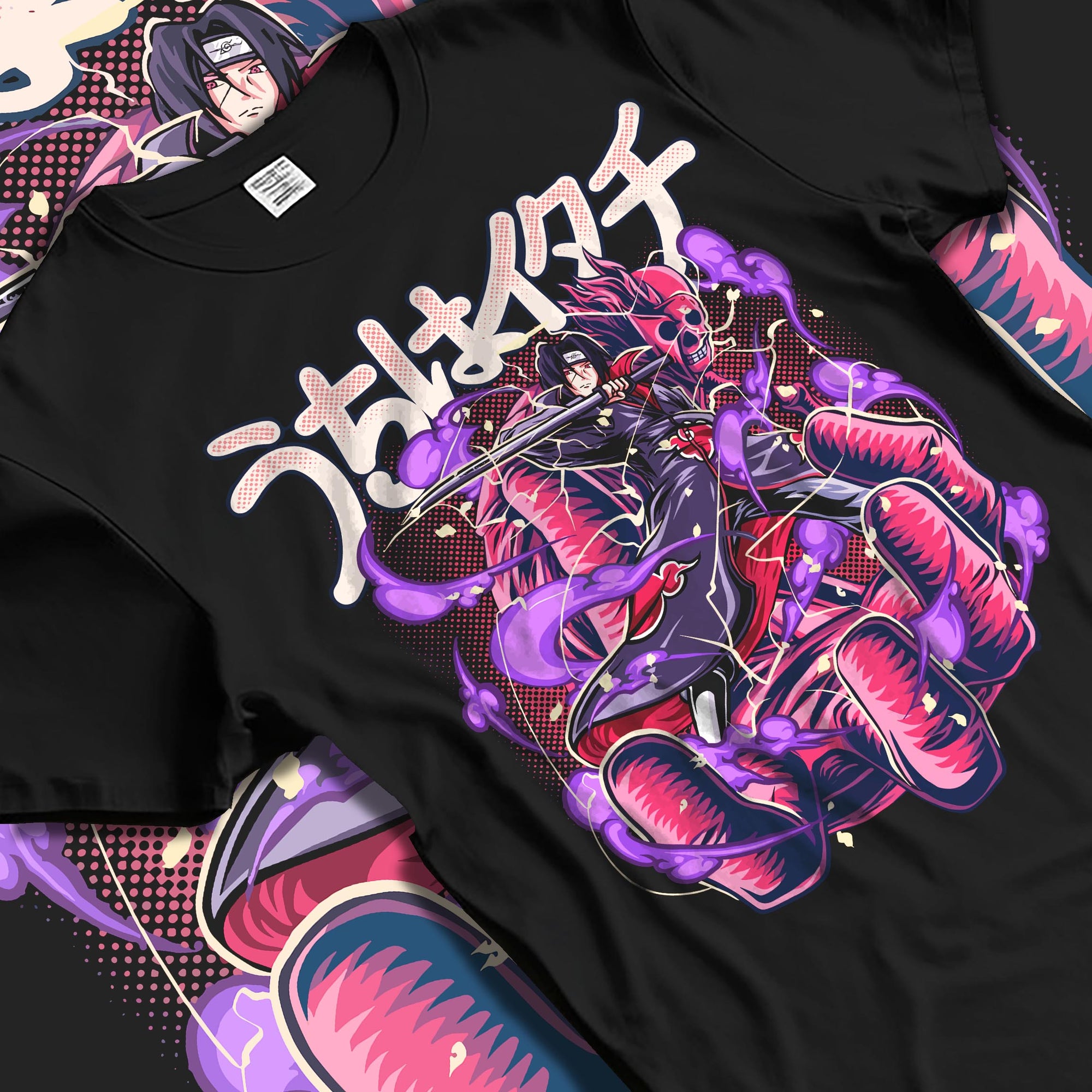 Black T-shirt laid flat with soft folds, featuring Itachi Uchiha retro manga artwork with vibrant purple Susanoo aura and Japanese header.