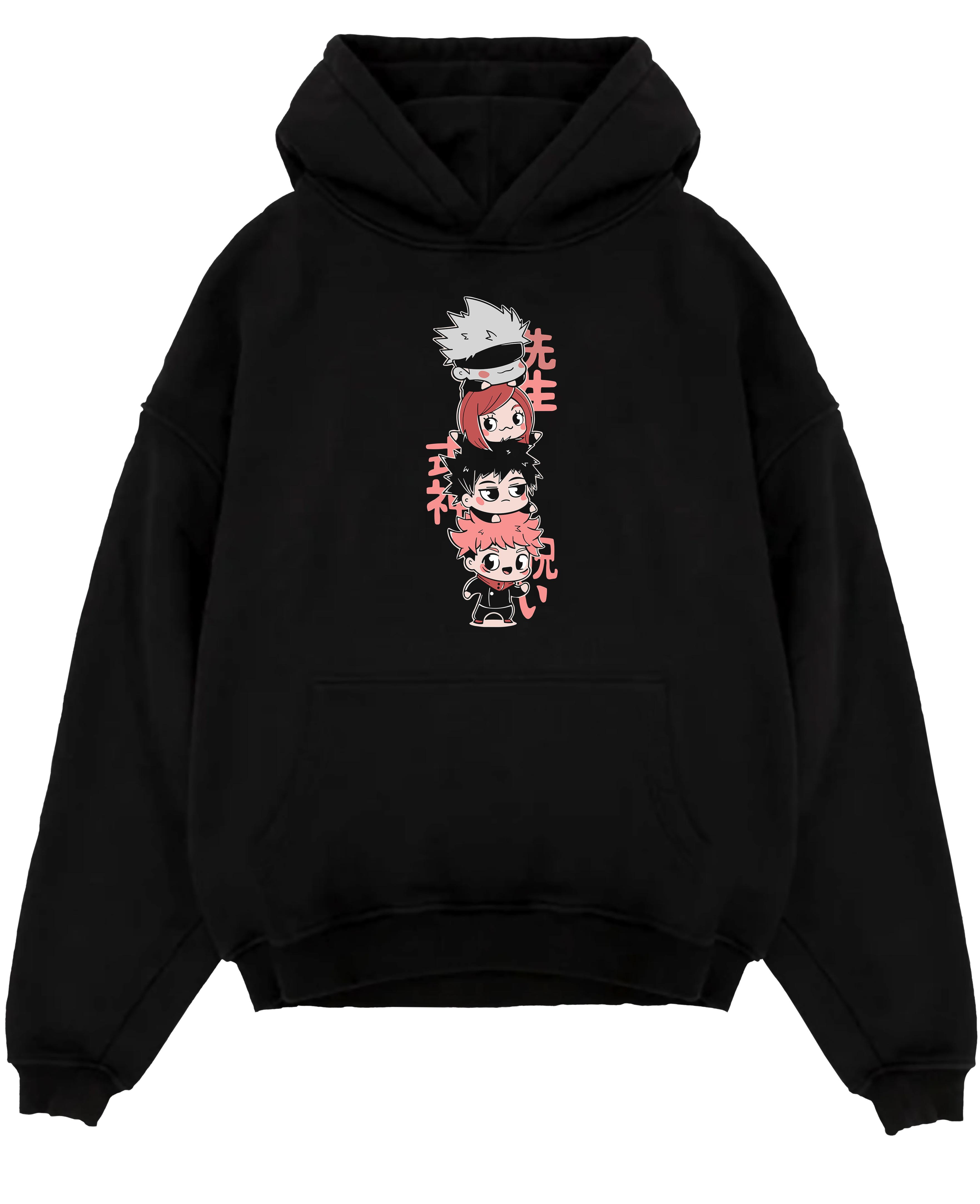 Black pullover hoodie laid flat on white, featuring Jujutsu Kaisen chibi stack retro manga graphic with pink Japanese text accents.