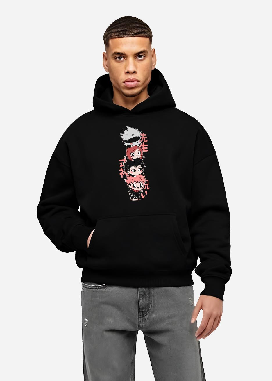 Black hoodie on male model, back view, featuring Jujutsu Kaisen chibi portrait column, retro streetwear graphic and pink kanji.
