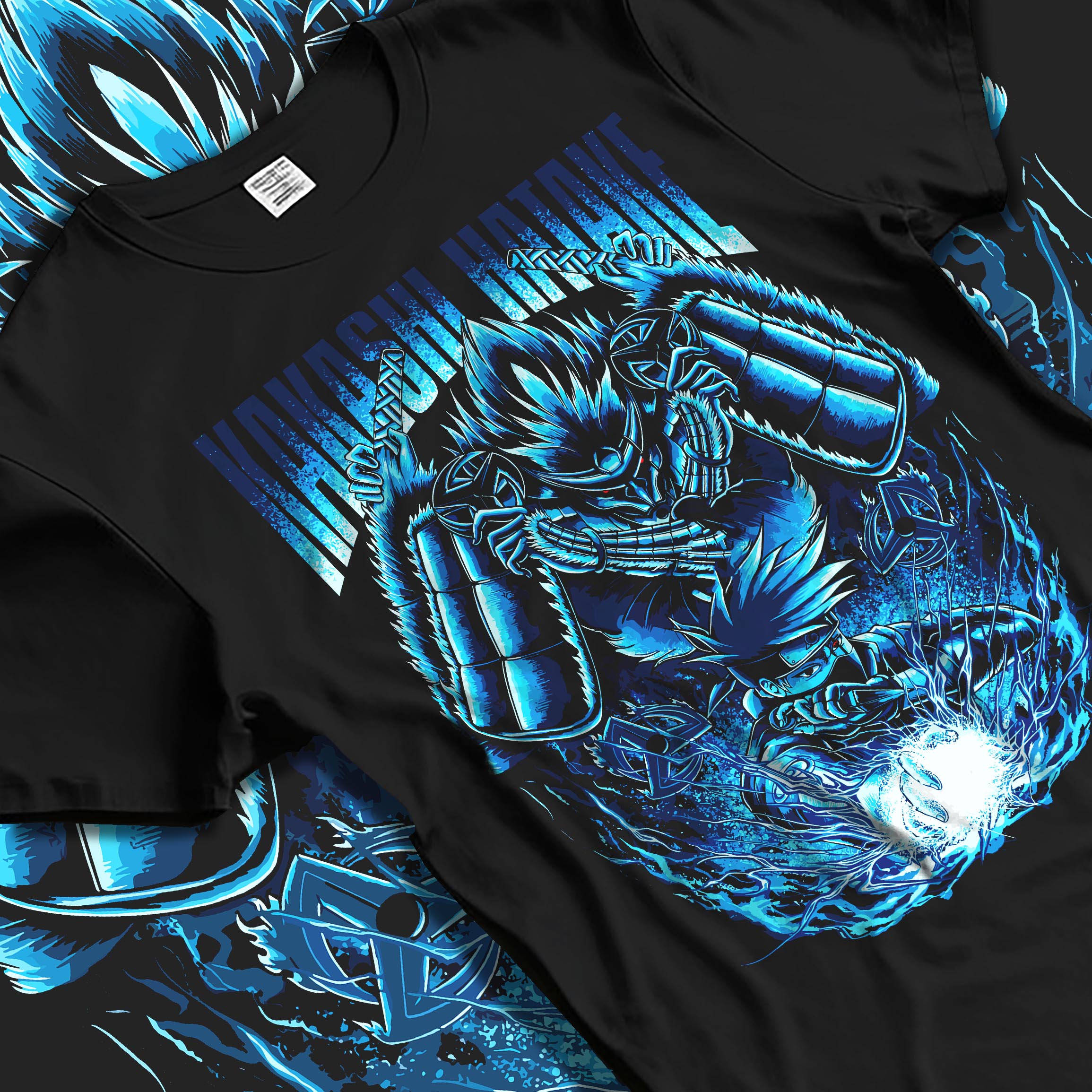 Black T-shirt laid flat with natural fabric folds, featuring Kakashi Hatake anime poster inspired design with Chidori lightning and Susanoo warrior retro tones.