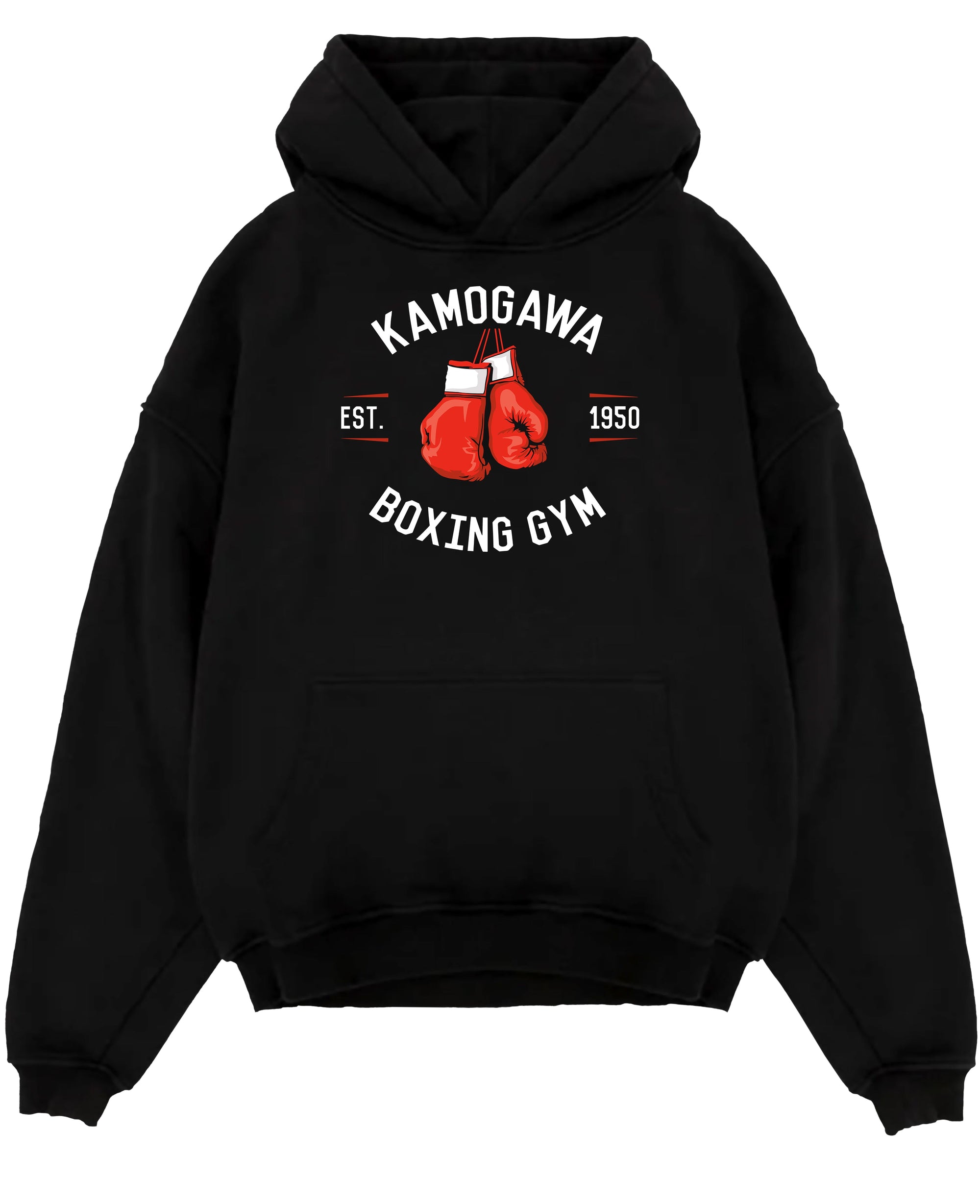Black pullover hoodie laid flat on a white background, featuring Kamogawa Boxing Gym retro streetwear graphic with bold red gloves and vintage gym lettering.