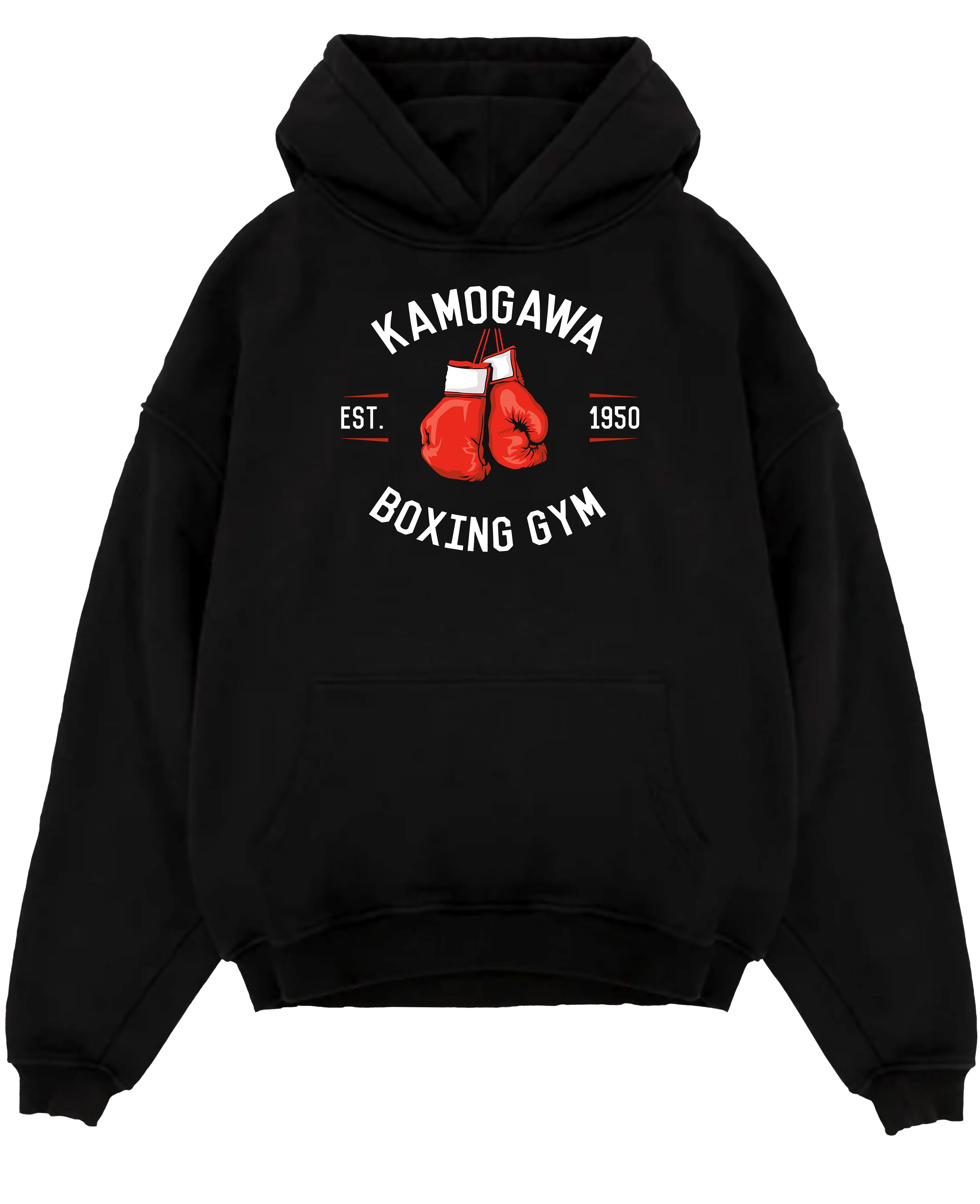 Black pullover hoodie laid flat on a white background, featuring Kamogawa Boxing Gym retro streetwear graphic with bold red gloves and vintage gym lettering.