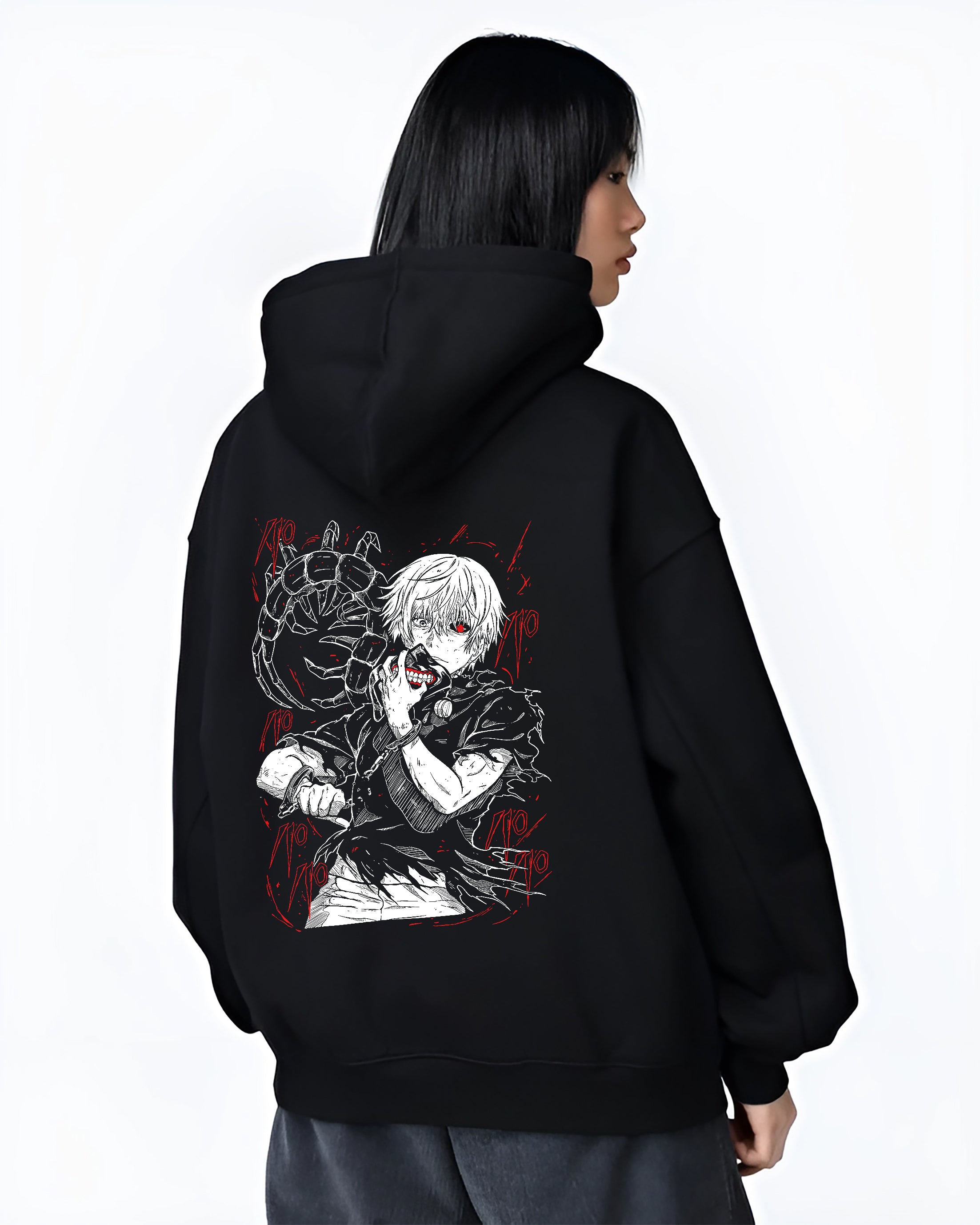 Black hoodie worn by a female model, back view, featuring Kaneki Tokyo Ghoul anime poster inspired design with bold urban fashion back graphic.