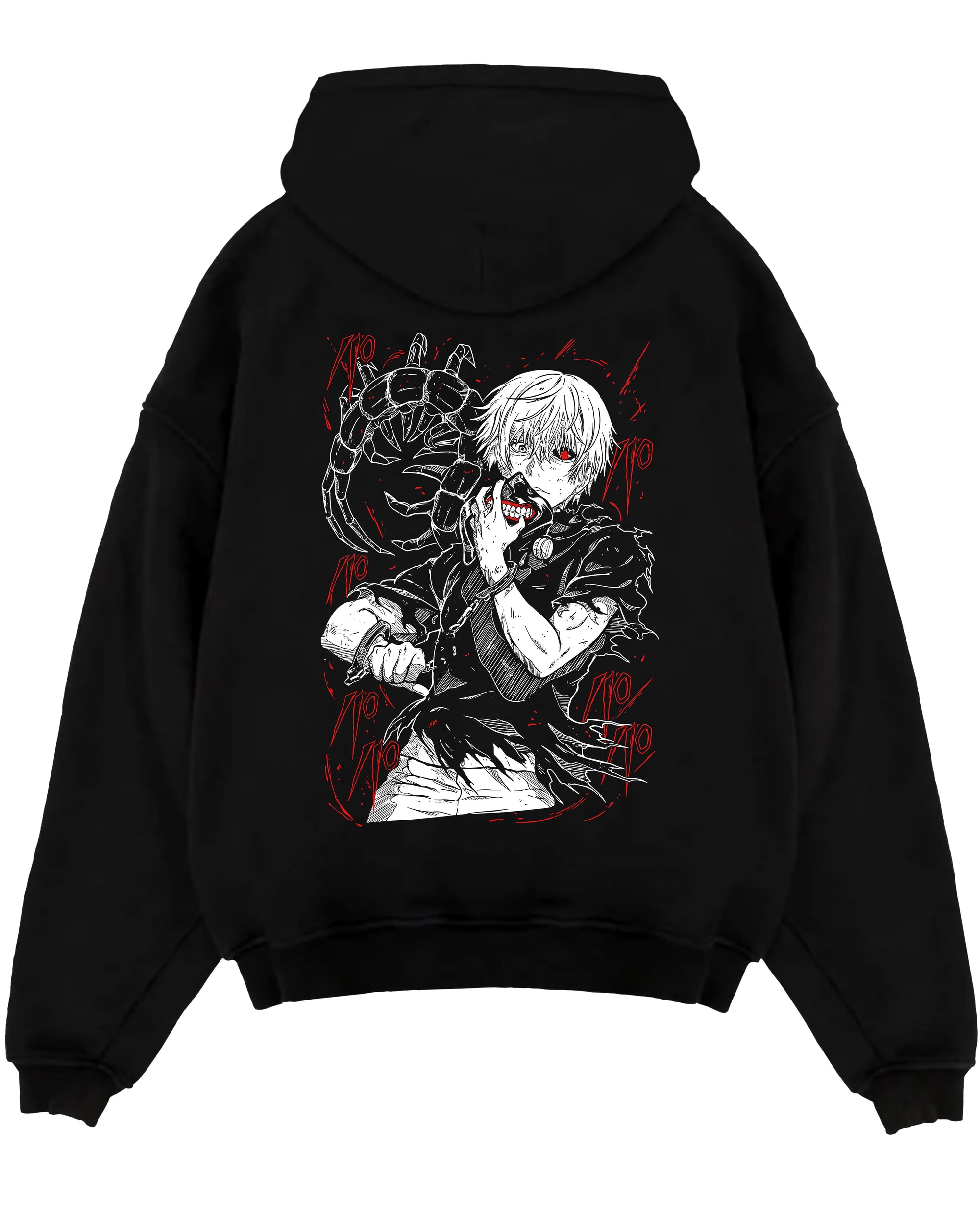 Black pullover hoodie laid flat on a white background, featuring Kaneki Tokyo Ghoul dark manga panel inspired artwork with red-eyed anime poster graphic.