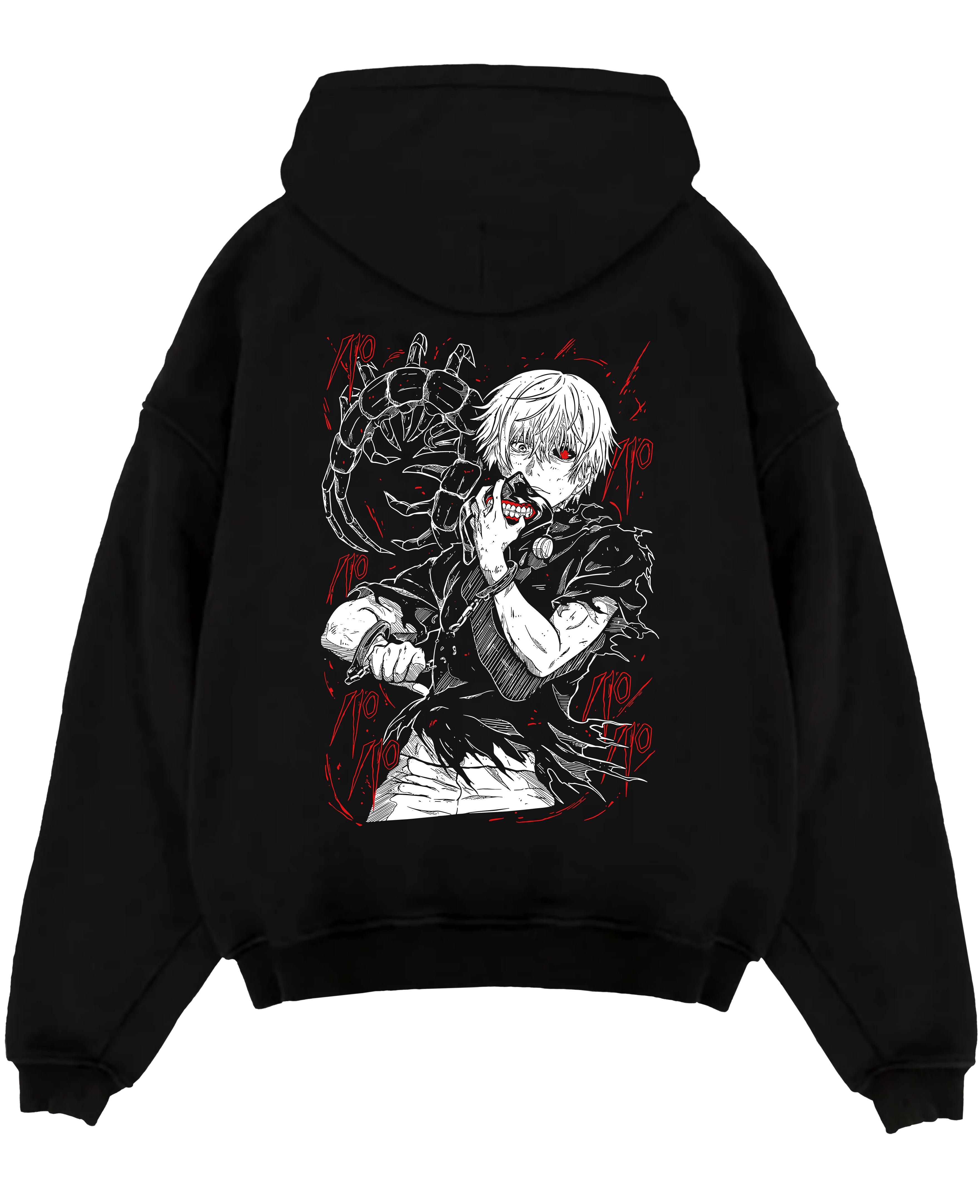 Black pullover hoodie laid flat on a white background, featuring Kaneki Tokyo Ghoul dark manga panel inspired artwork with red-eyed anime poster graphic.