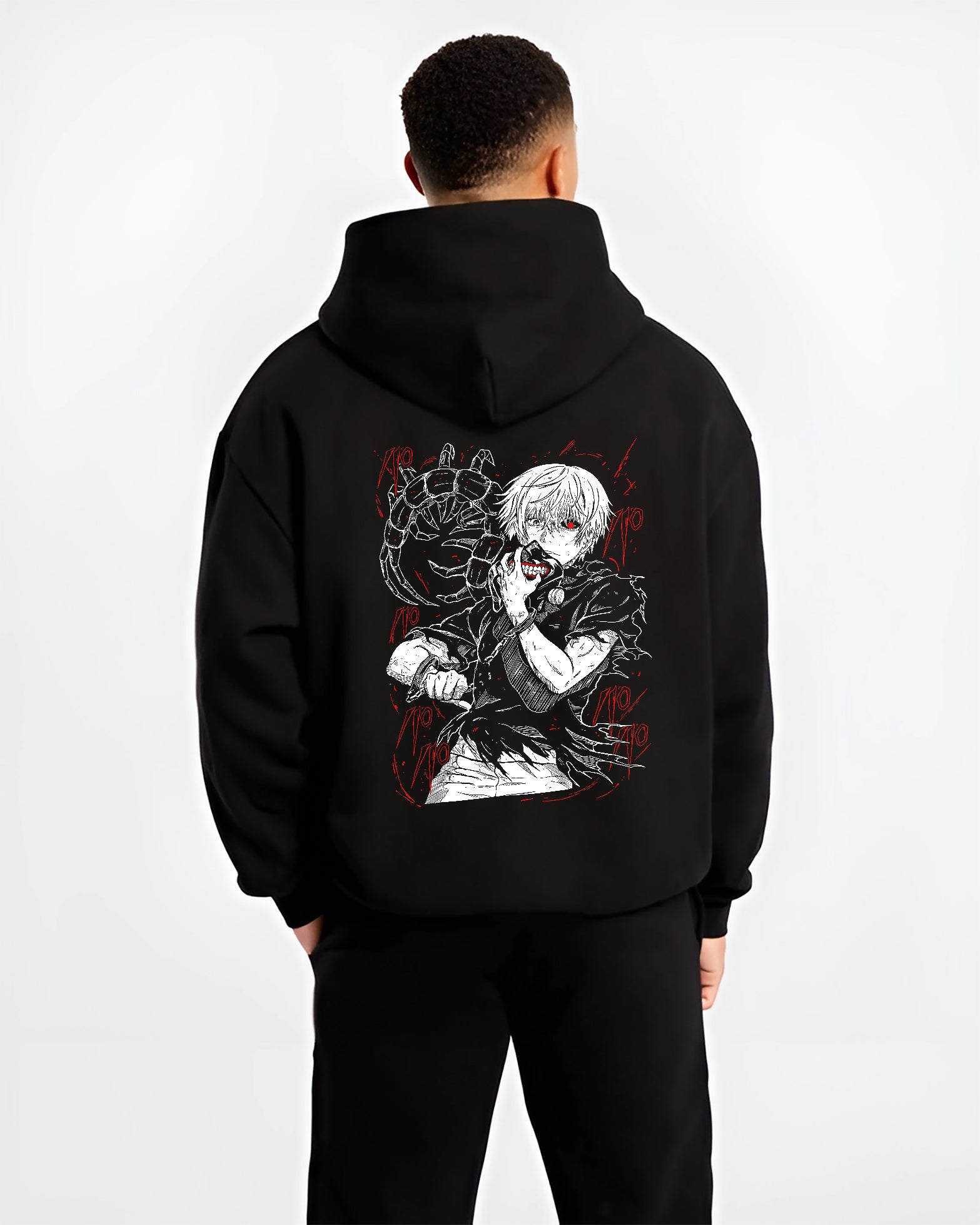 Black hoodie worn by a male model, back view, featuring Kaneki Tokyo Ghoul retro manga graphic with Japanese animation streetwear dark fantasy aura.