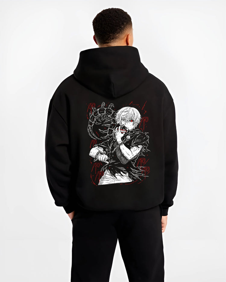 Black hoodie worn by a male model, back view, featuring Kaneki Tokyo Ghoul retro manga graphic with Japanese animation streetwear dark fantasy aura.