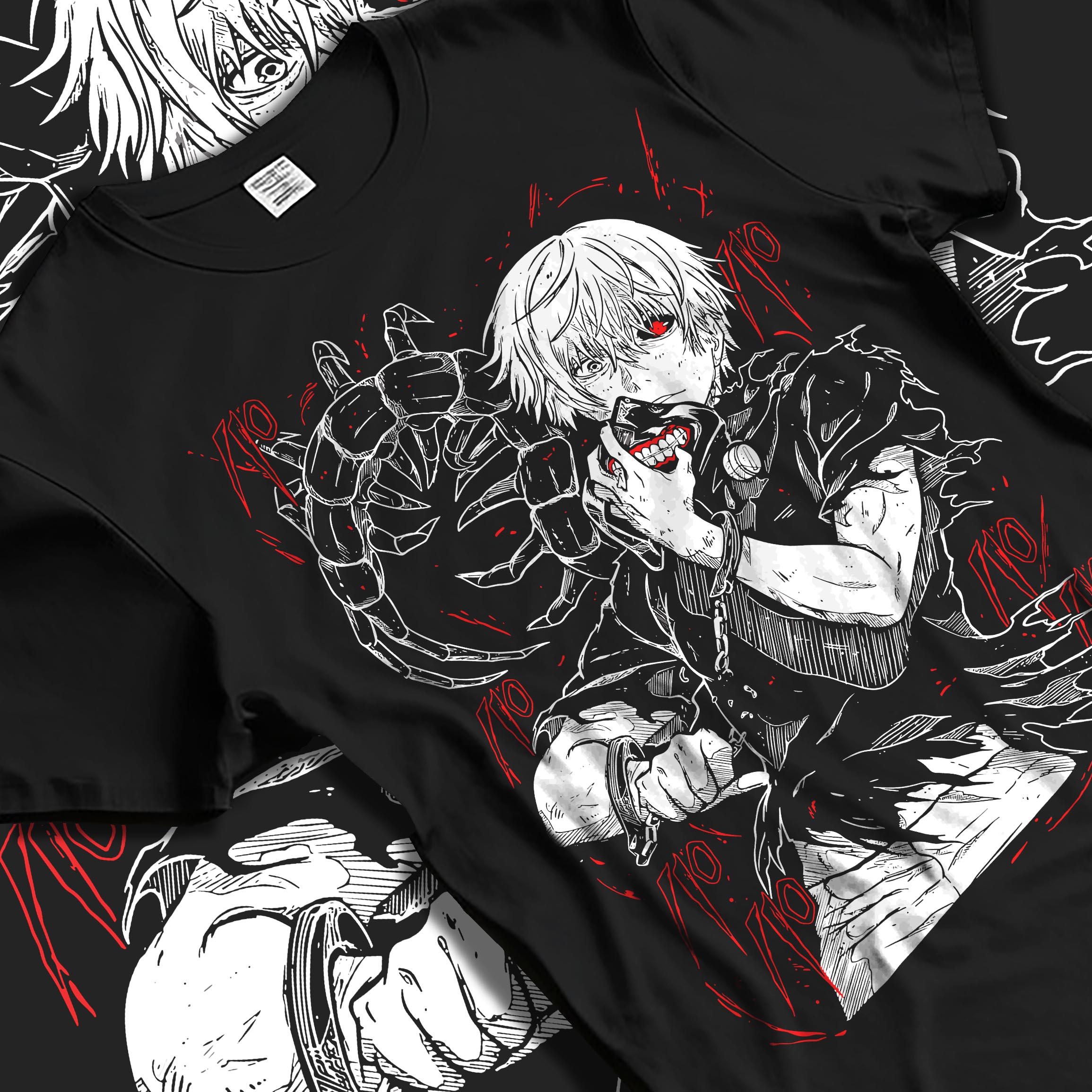 Black T-shirt laid flat with natural fabric folds, featuring Kaneki Tokyo Ghoul anime poster inspired design with red manga panel streetwear style.
