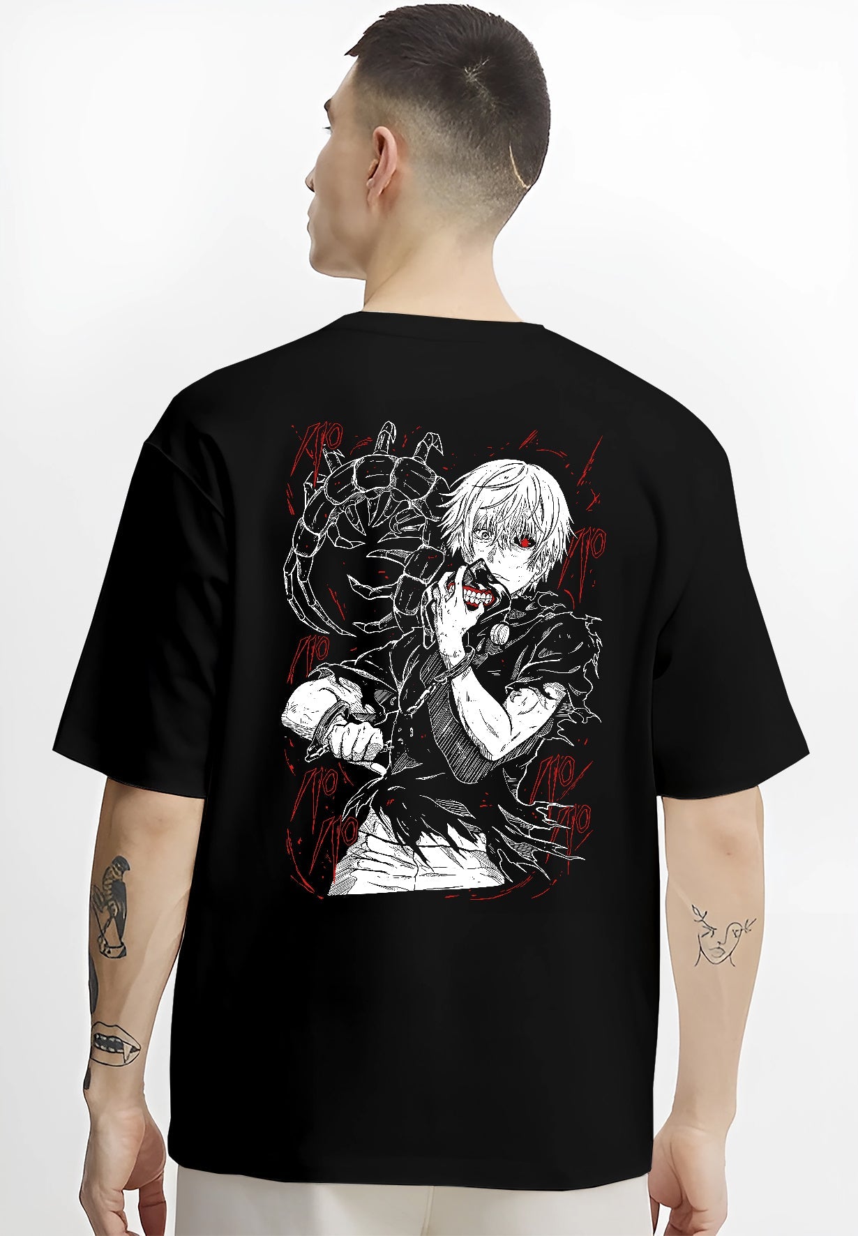 Black T-shirt worn by a male model, back view, featuring Kaneki Tokyo Ghoul retro manga panel artwork with red highlights and dark anime aesthetic.