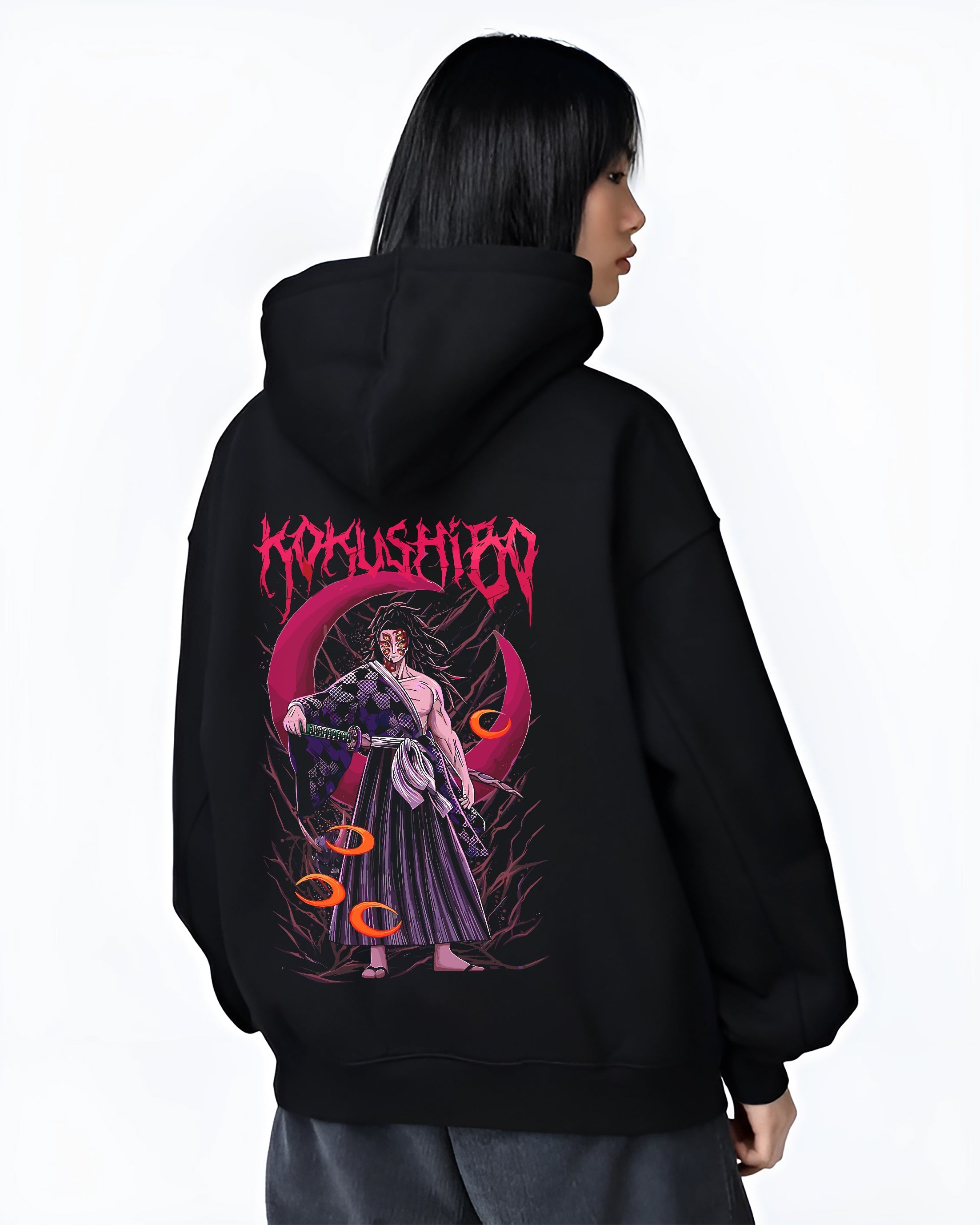 Black hoodie worn by a female model, back view, featuring Kokushibo Demon Slayer dark manga panel artwork with sinister stance and apocalyptic poster inspired aura.