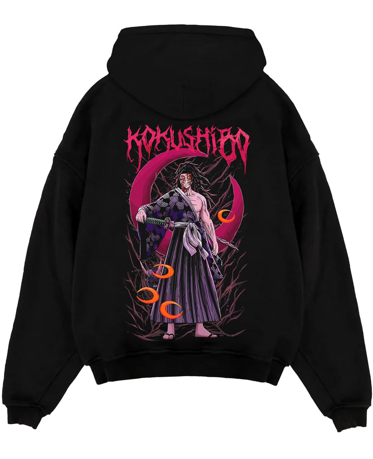 Black pullover hoodie laid flat on a white background, featuring Kokushibo Demon Slayer anime poster inspired design with eerie moon backdrop and dark manga panel style.