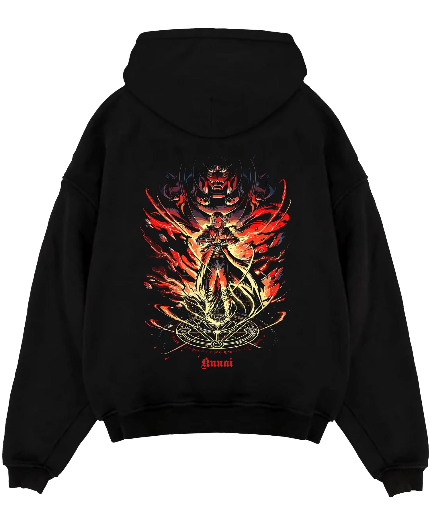 Black pullover hoodie laid flat on white, featuring Kunai sorcerer alchemy circle retro manga graphic with fiery runes and spell flames.