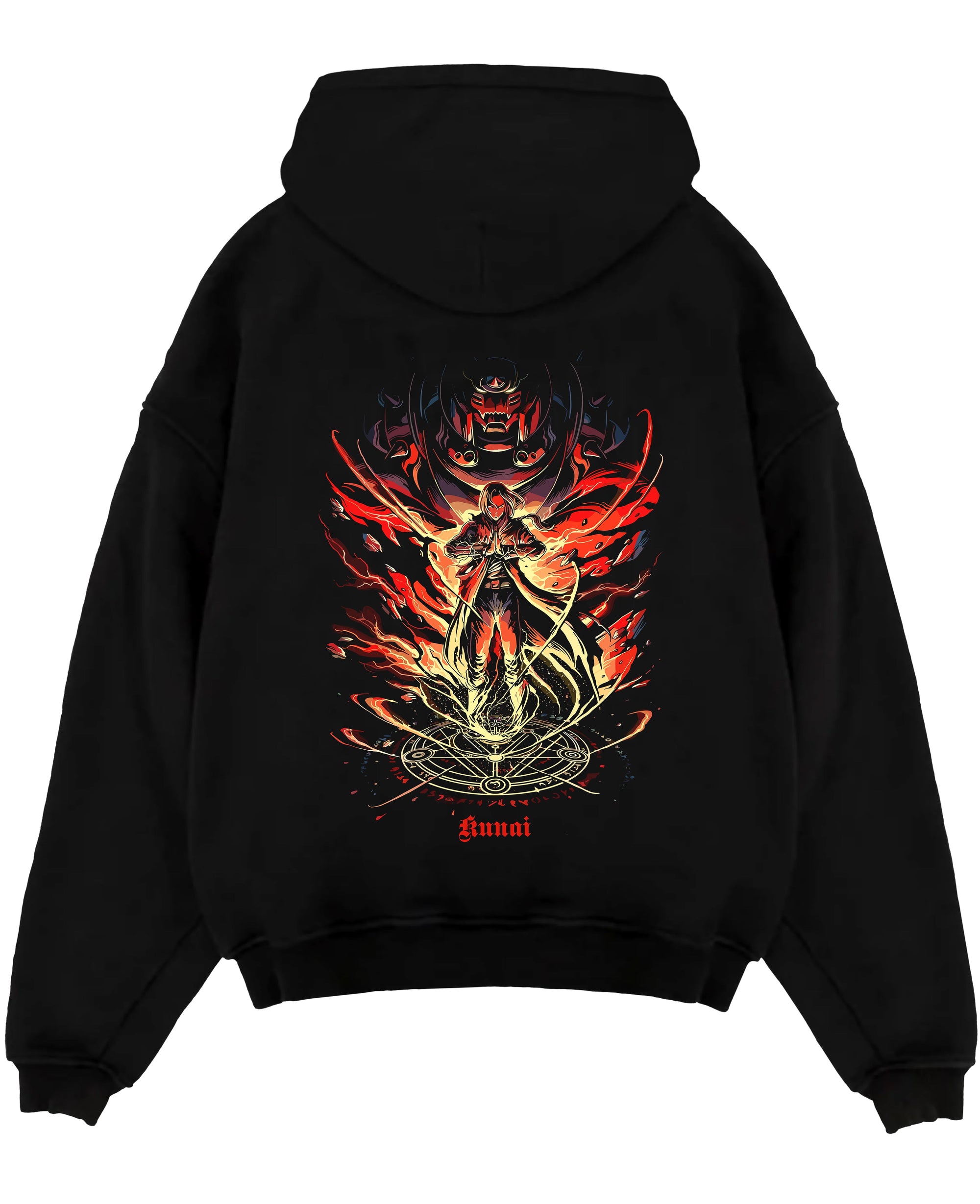 Black pullover hoodie laid flat on white, featuring Kunai sorcerer alchemy circle retro manga graphic with fiery runes and spell flames.