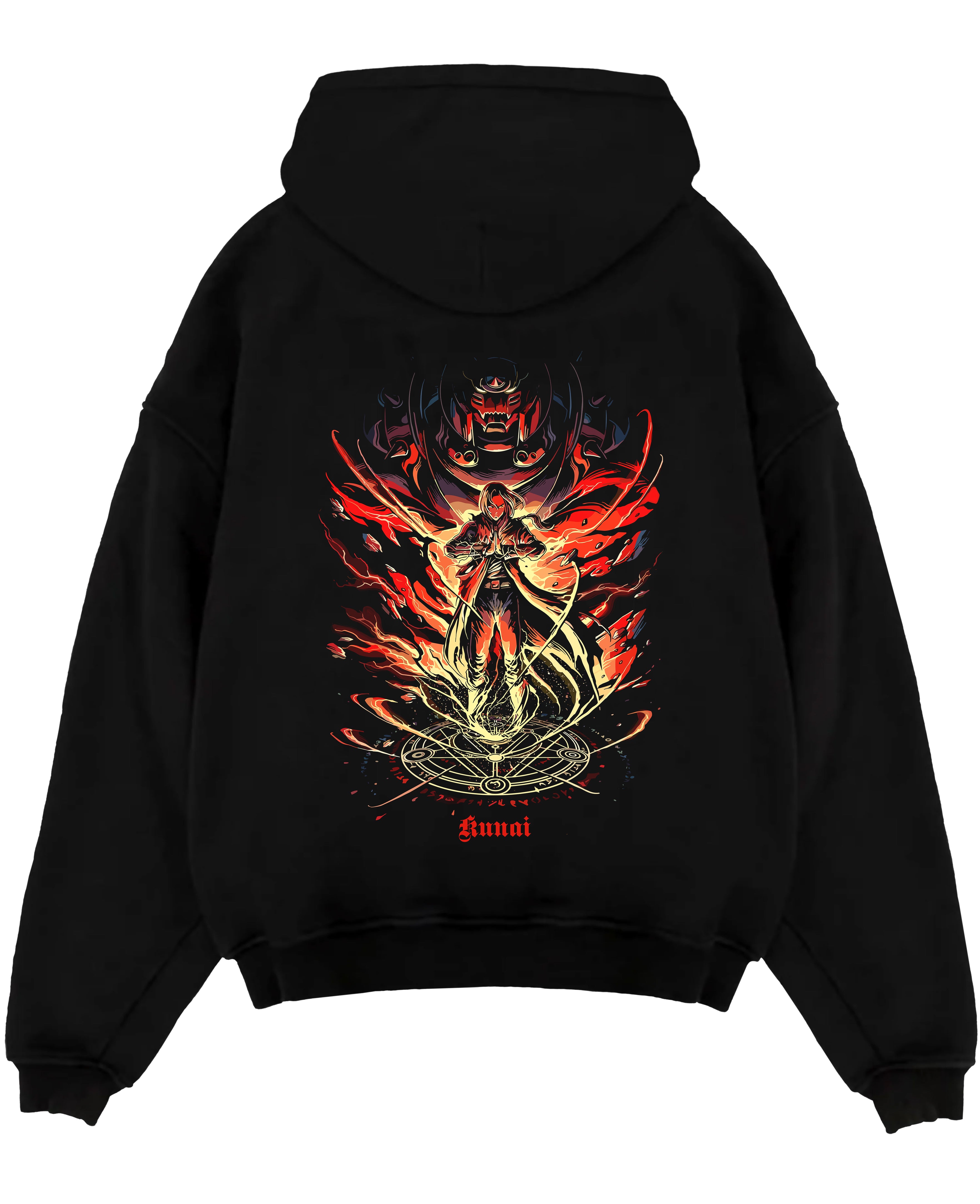 Black pullover hoodie laid flat on white, featuring Kunai sorcerer alchemy circle retro manga graphic with fiery runes and spell flames.