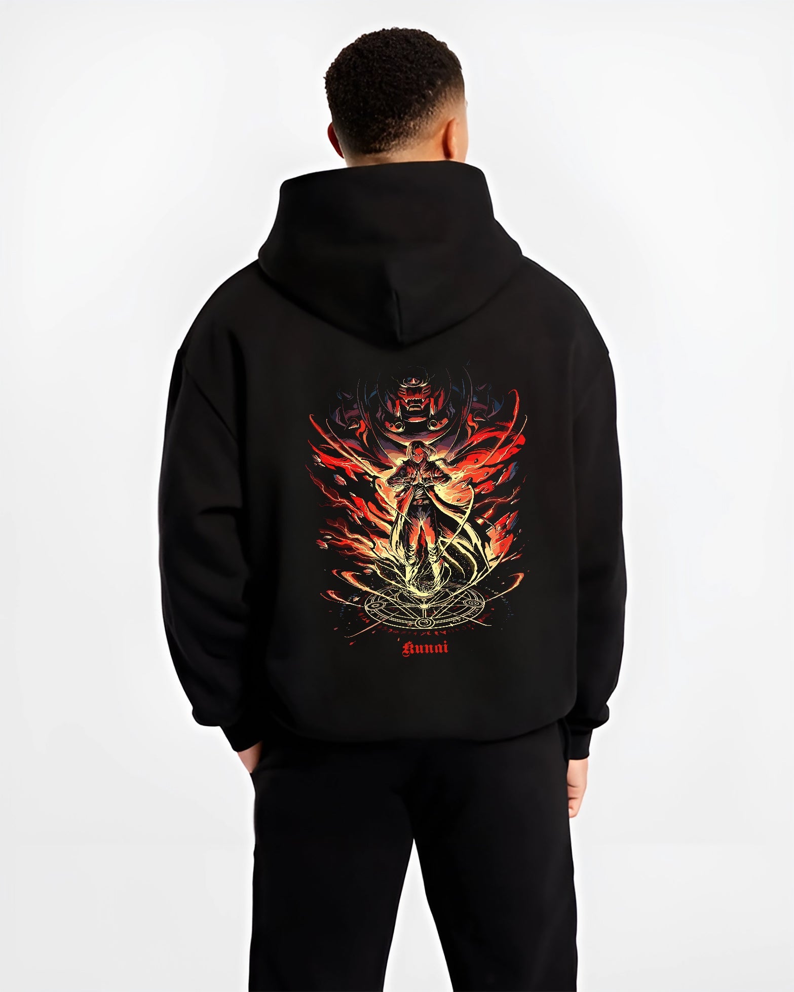 Black hoodie on male model, back view, featuring Kunai arcane summoner retro manga graphic with glowing circle, rising flames, and occult symbols.