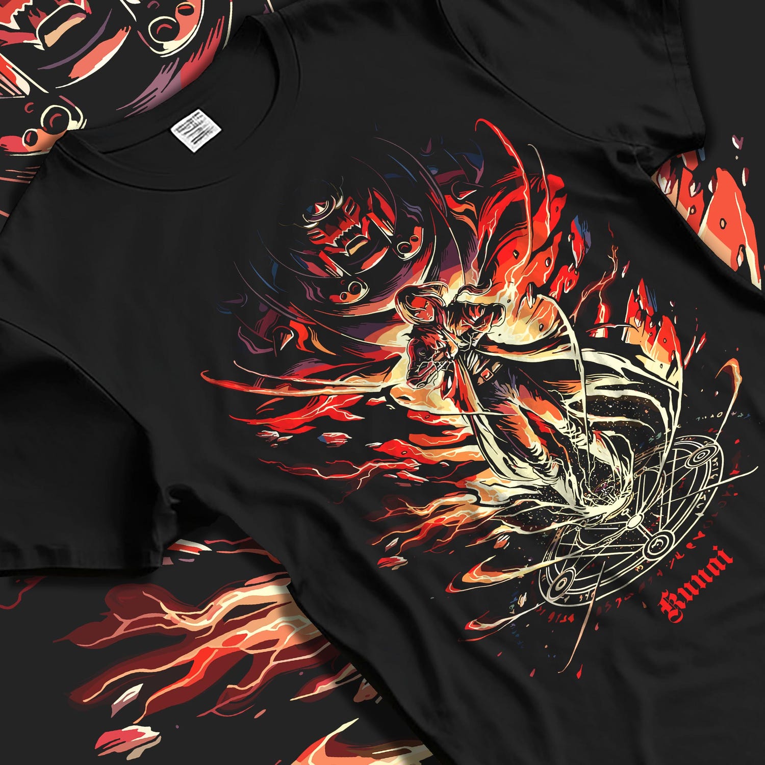 Black T-shirt laid flat with natural folds, featuring Kunai retro manga alchemist circle design with ember glow, sigils, and erupting flames.