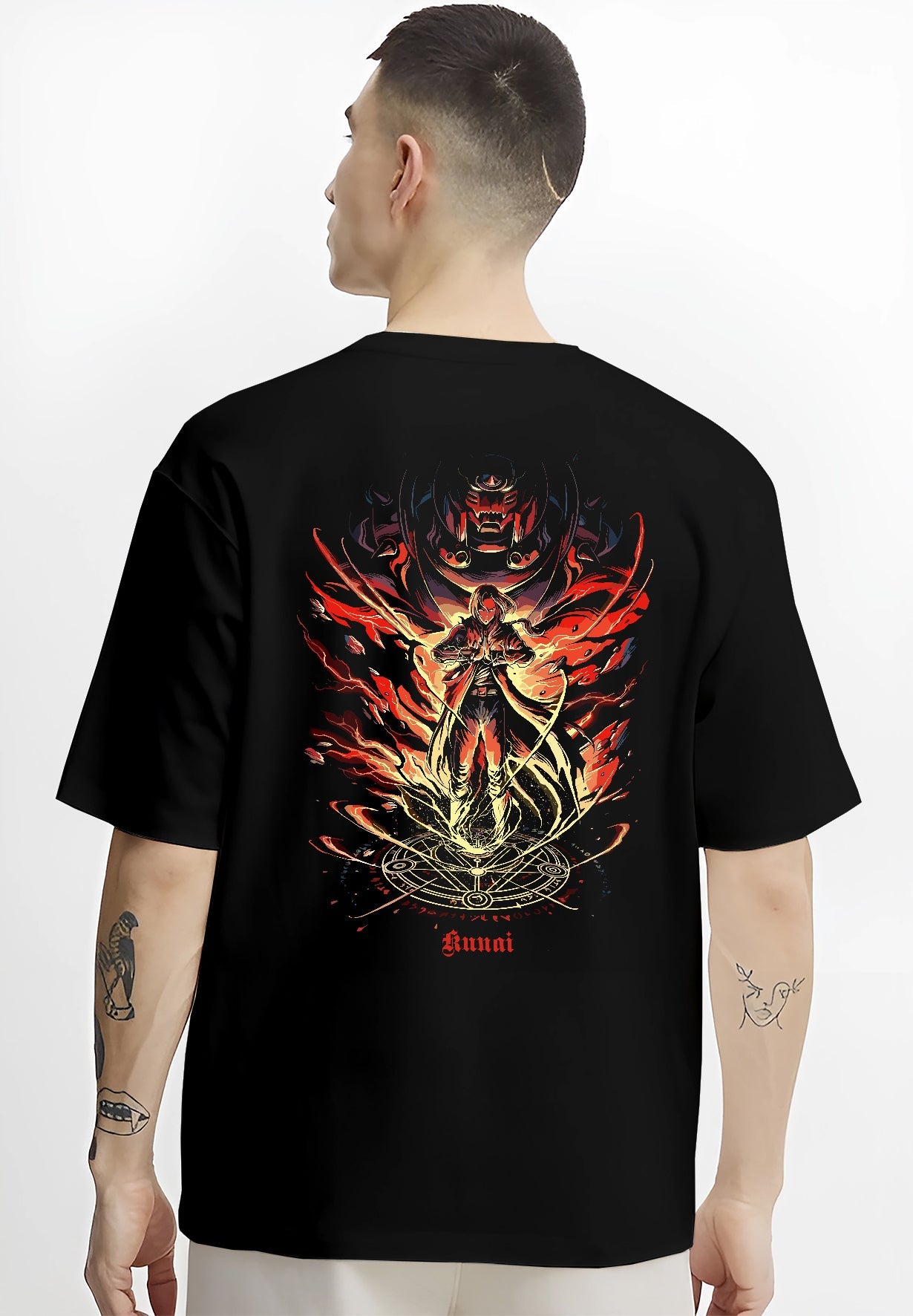 Black T-shirt on male model, back view, featuring Kunai RPG fantasy summoner graphic with ritual circle, bright embers, and magical flames.