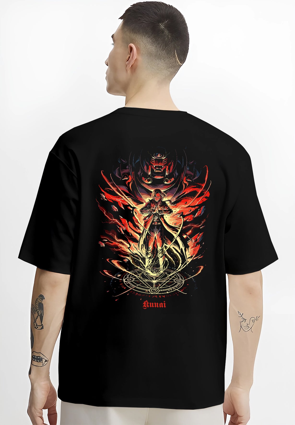 Black T-shirt on male model, back view, featuring Kunai RPG fantasy summoner graphic with ritual circle, bright embers, and magical flames.