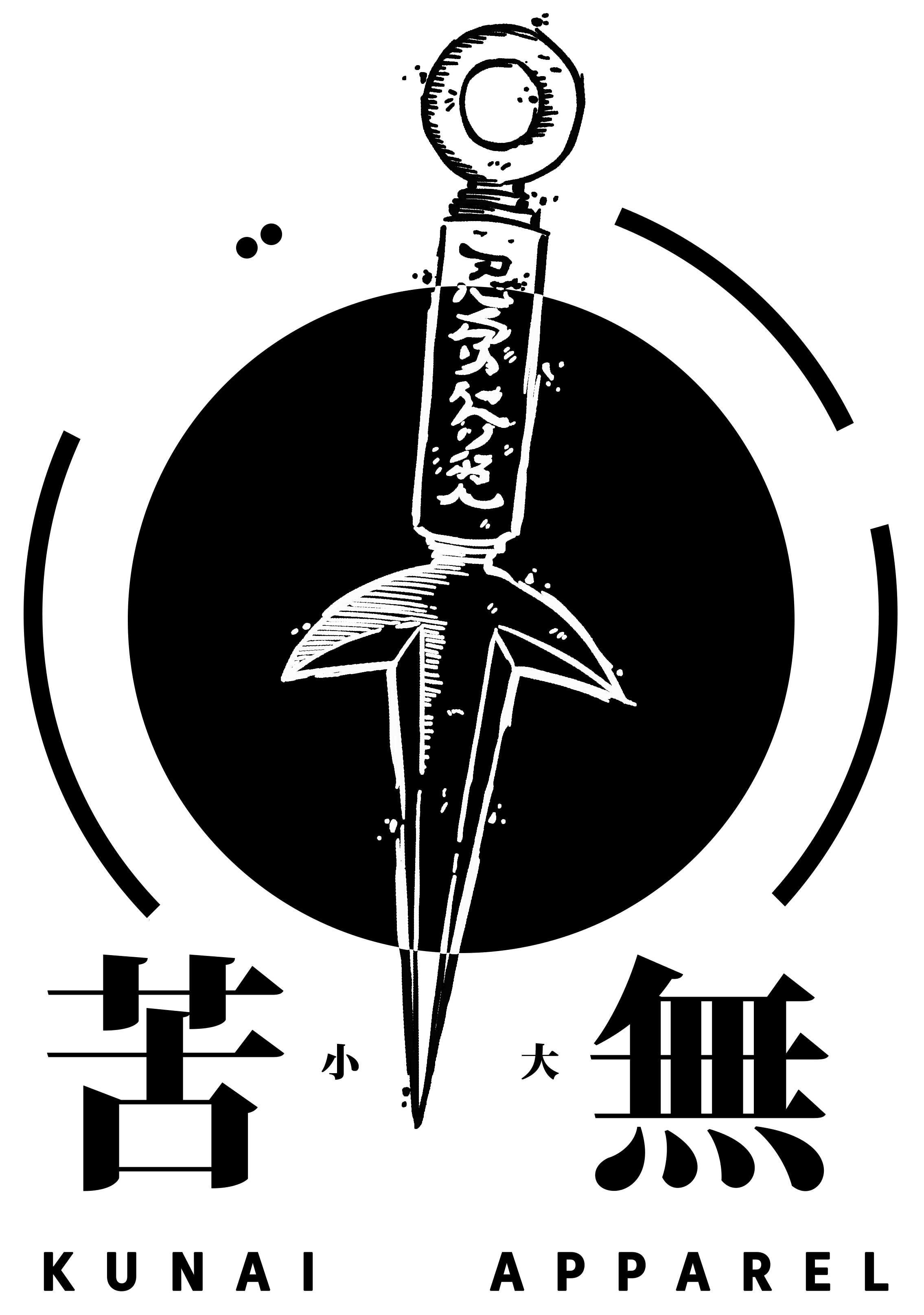Kunai Apparel logo featuring white kunai dagger and Japanese kanji text, symbolising premium anime streetwear and modern Japanese-inspired fashion brand.