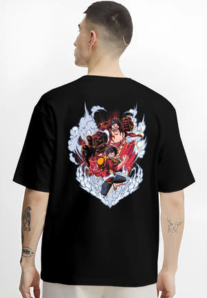 Black T-shirt on male model, back view, One Piece Luffy Gear battle scene graphic with smoke ring and crackling red aura.