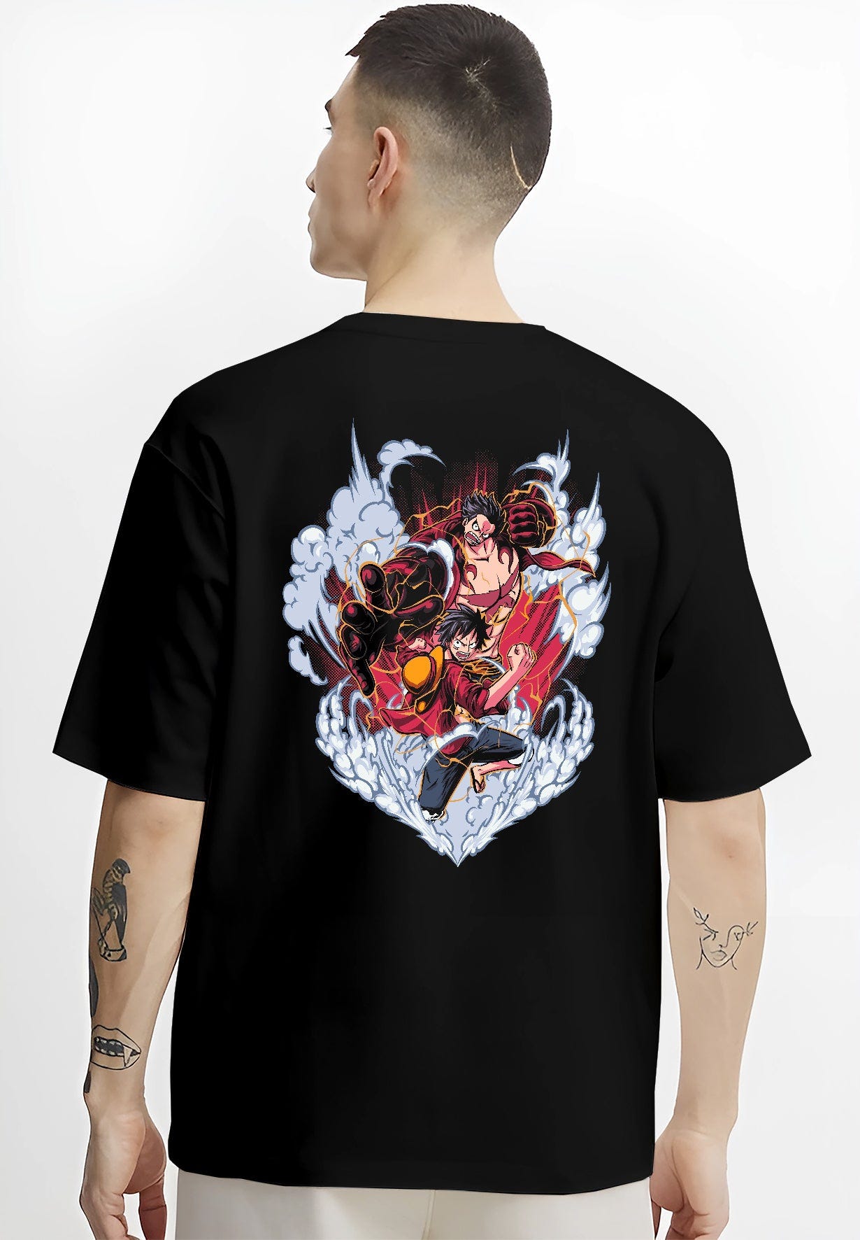 Black T-shirt on male model, back view, One Piece Luffy Gear battle scene graphic with smoke ring and crackling red aura.