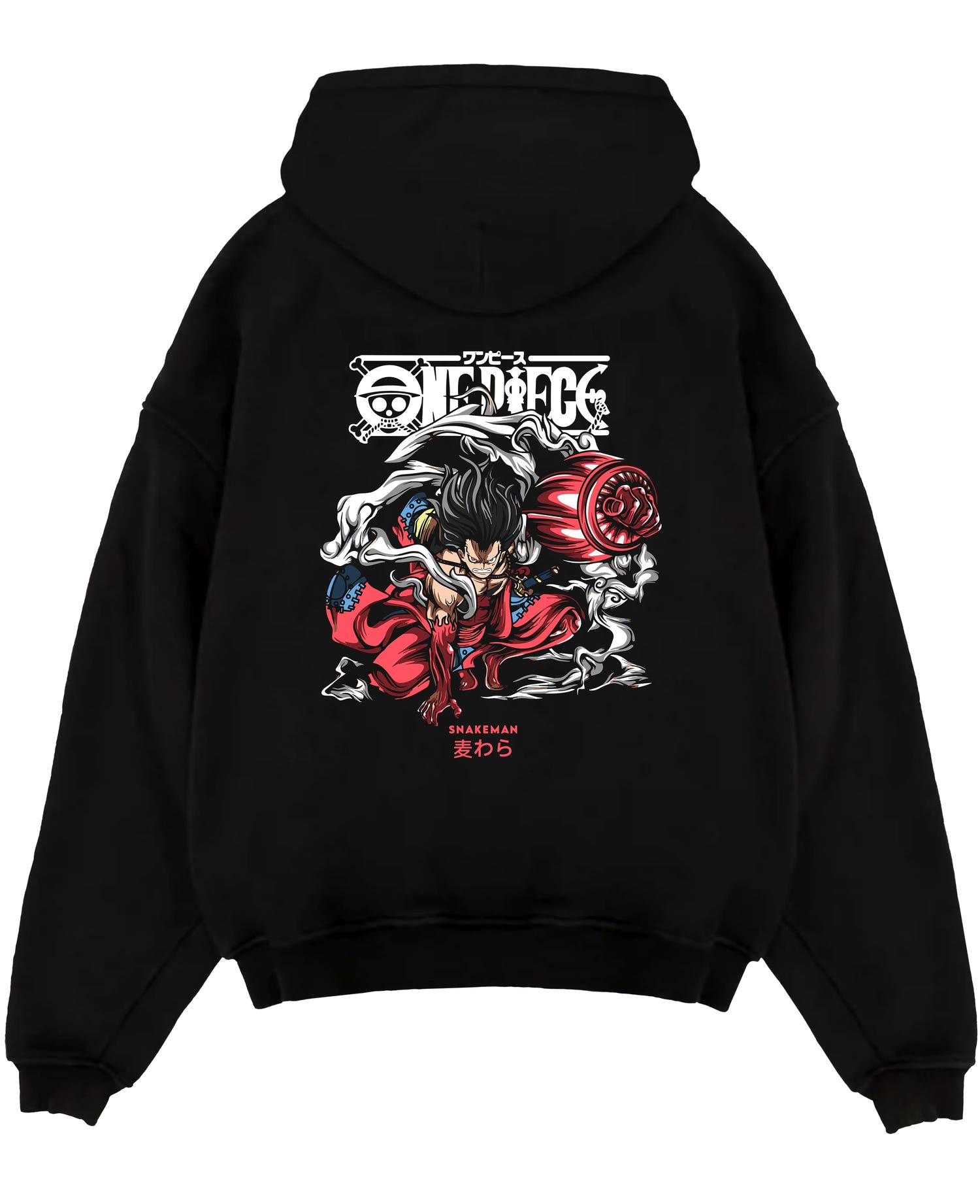 Black pullover hoodie laid flat on white, featuring Luffy Snakeman anime poster back graphic with smoky aura and bold red tones.