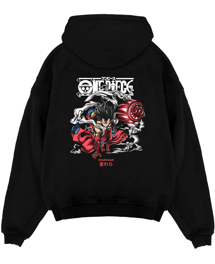 Black pullover hoodie laid flat on white, featuring Luffy Snakeman anime poster back graphic with smoky aura and bold red tones.