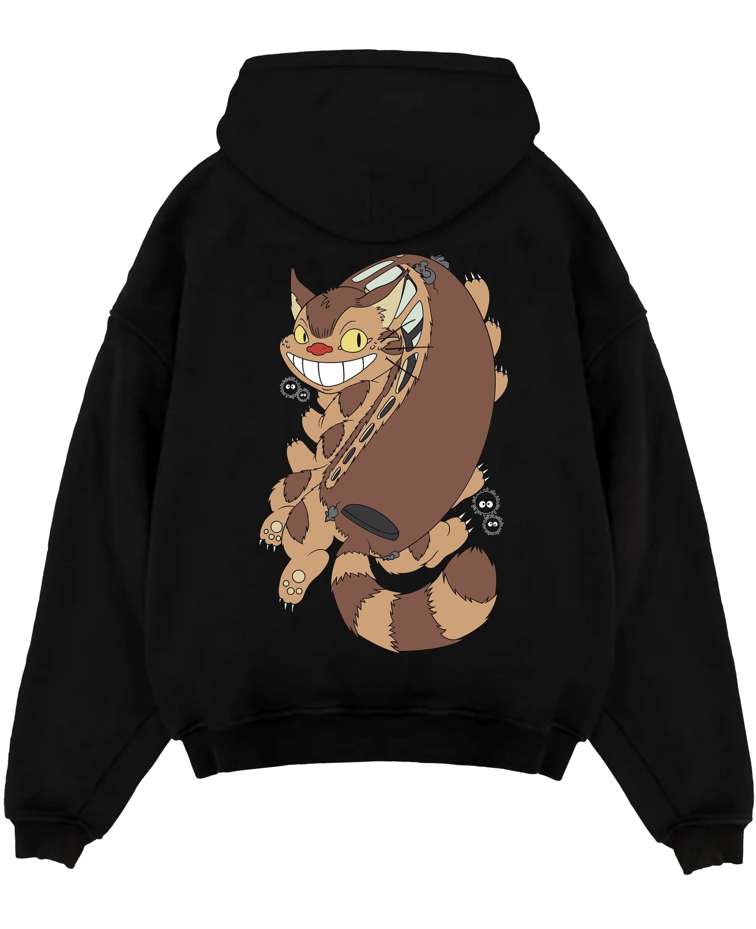 Black pullover hoodie laid flat on a white background, featuring Totoro Catbus with soot sprites, Japanese animation streetwear in playful retro manga style.