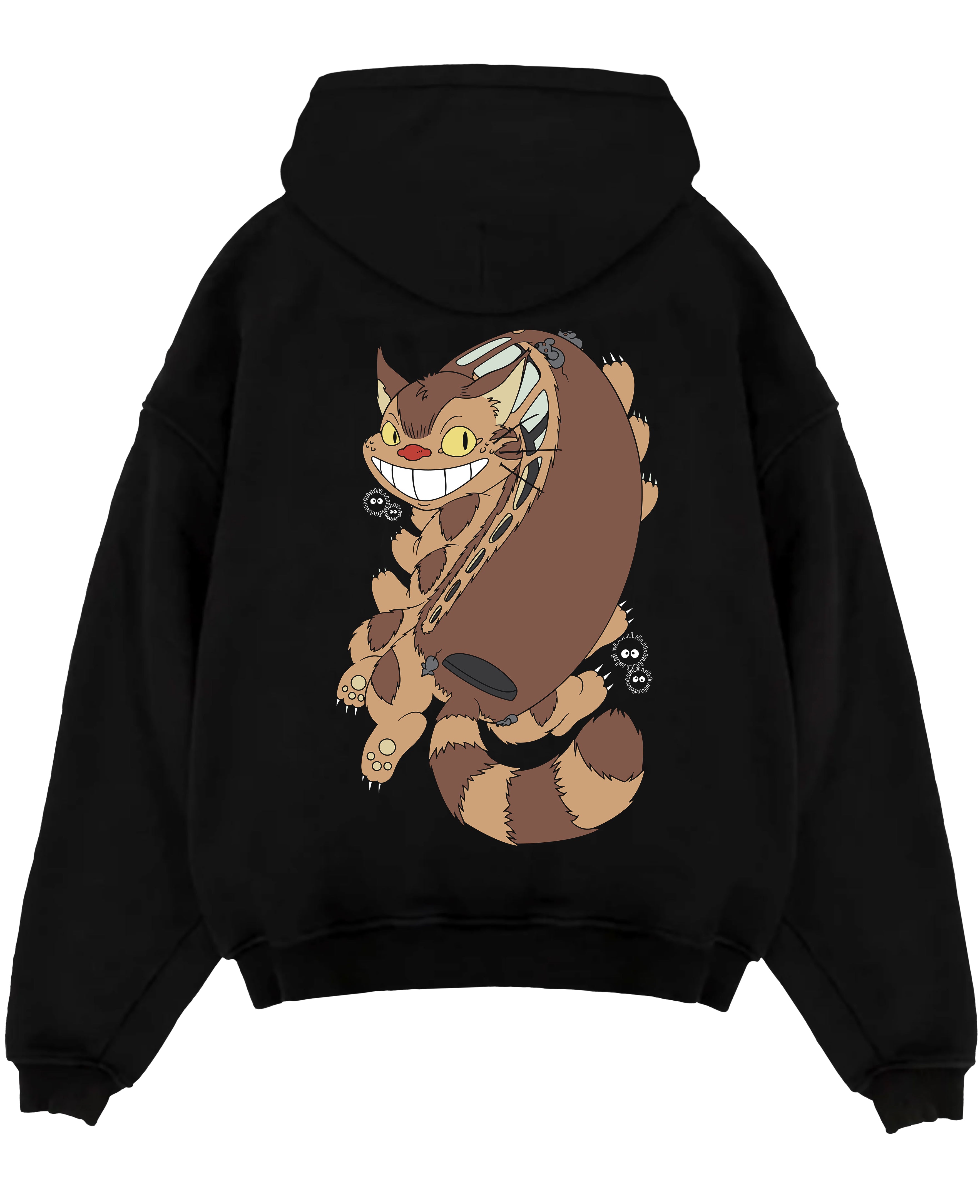 Black pullover hoodie laid flat on a white background, featuring Totoro Catbus with soot sprites, Japanese animation streetwear in playful retro manga style.