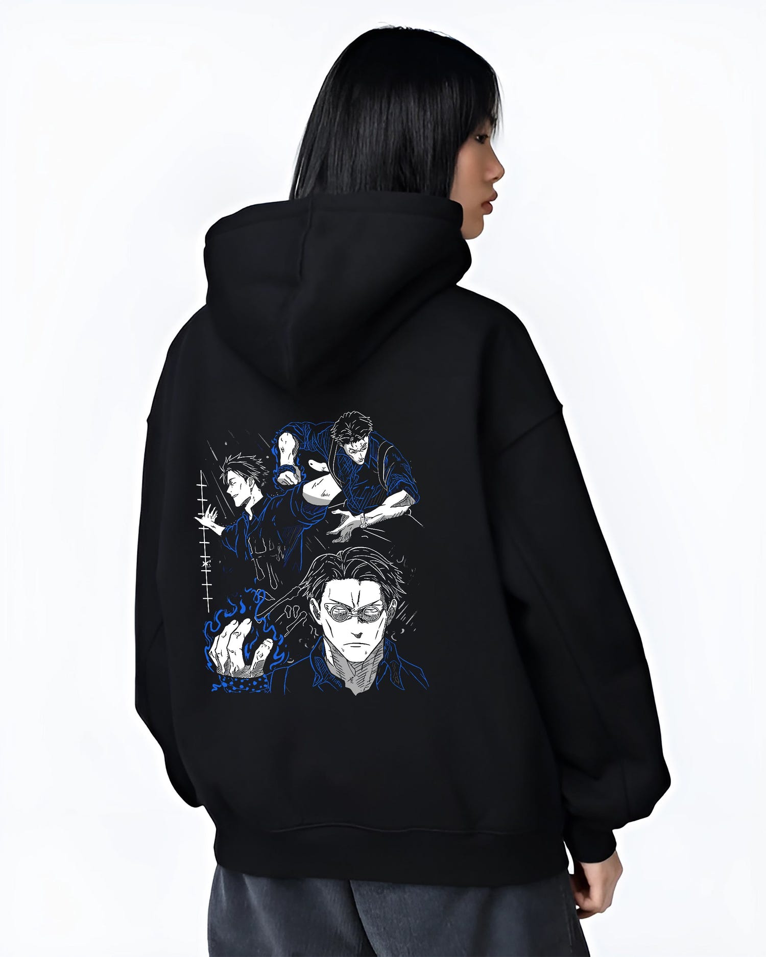 Black hoodie worn by a female model, back view, featuring Kento Nanami Japanese animation streetwear design with clean retro manga inspired artwork in blue shades