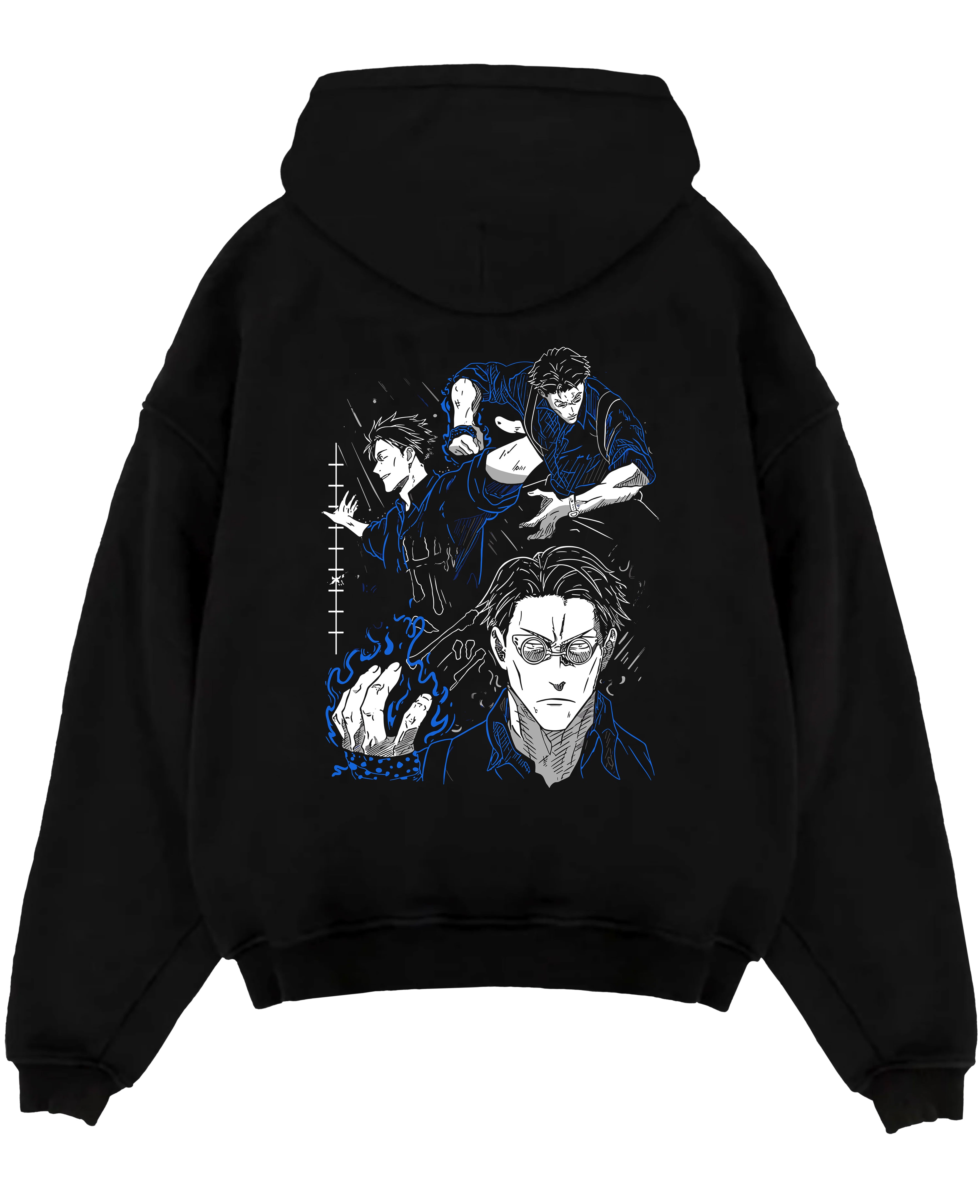 Black pullover hoodie laid flat on a white background, featuring Kento Nanami anime poster inspired design with retro manga panel artwork in sharp blue tones