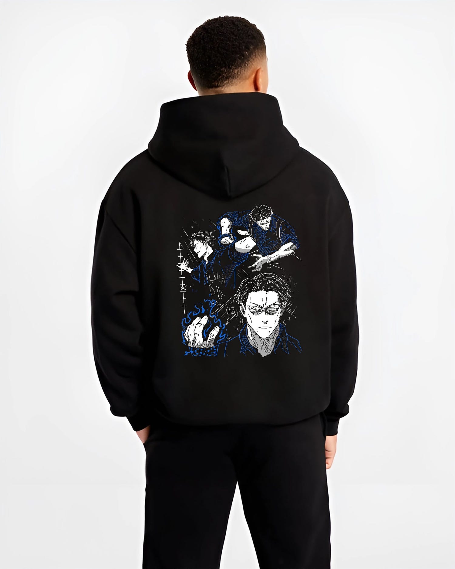 Black hoodie worn by a male model, back view, featuring Kento Nanami shonen battle character graphic styled in dark manga panel aesthetic with glowing blue effect.