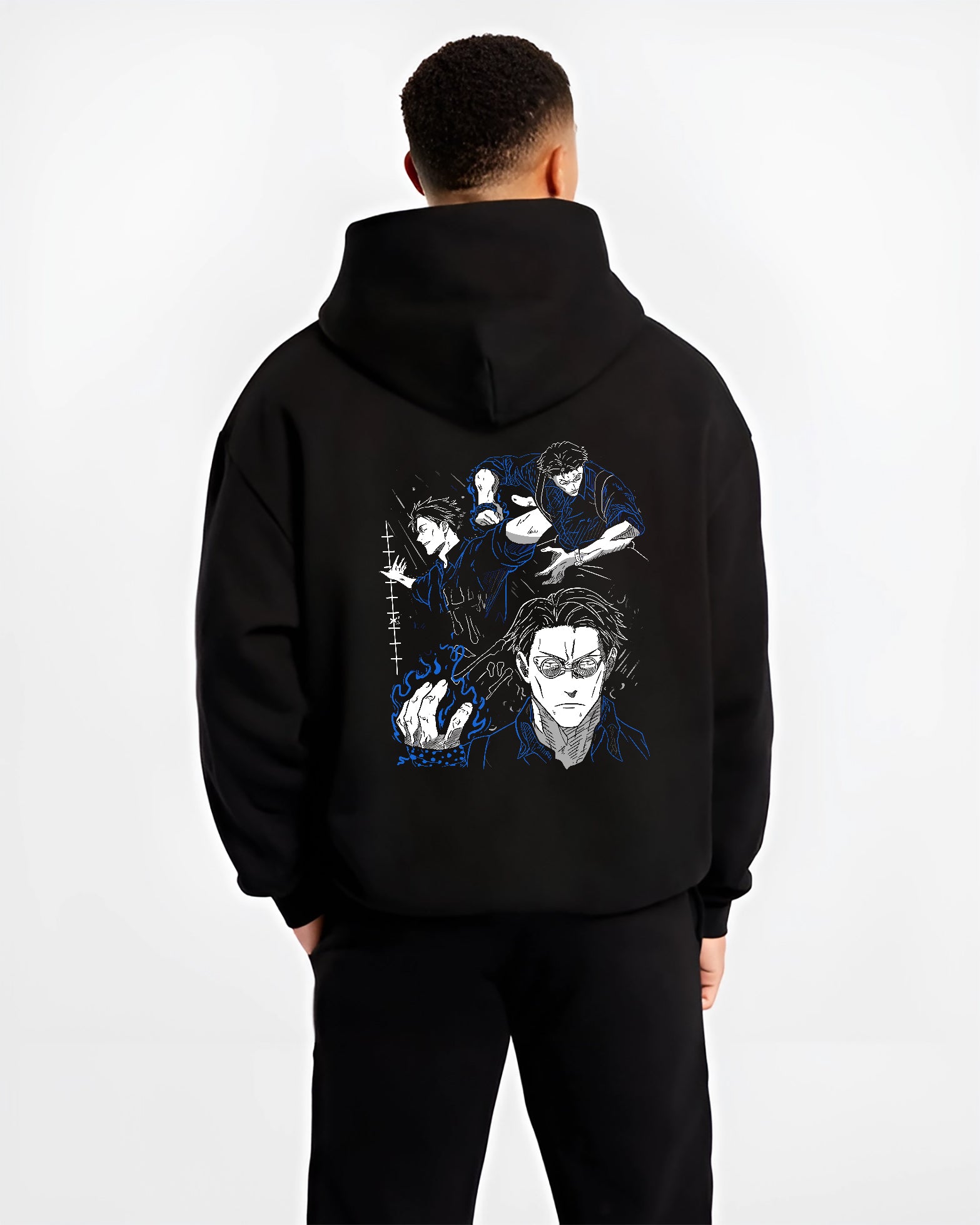 Black hoodie worn by a male model, back view, featuring Kento Nanami shonen battle character graphic styled in dark manga panel aesthetic with glowing blue effect.