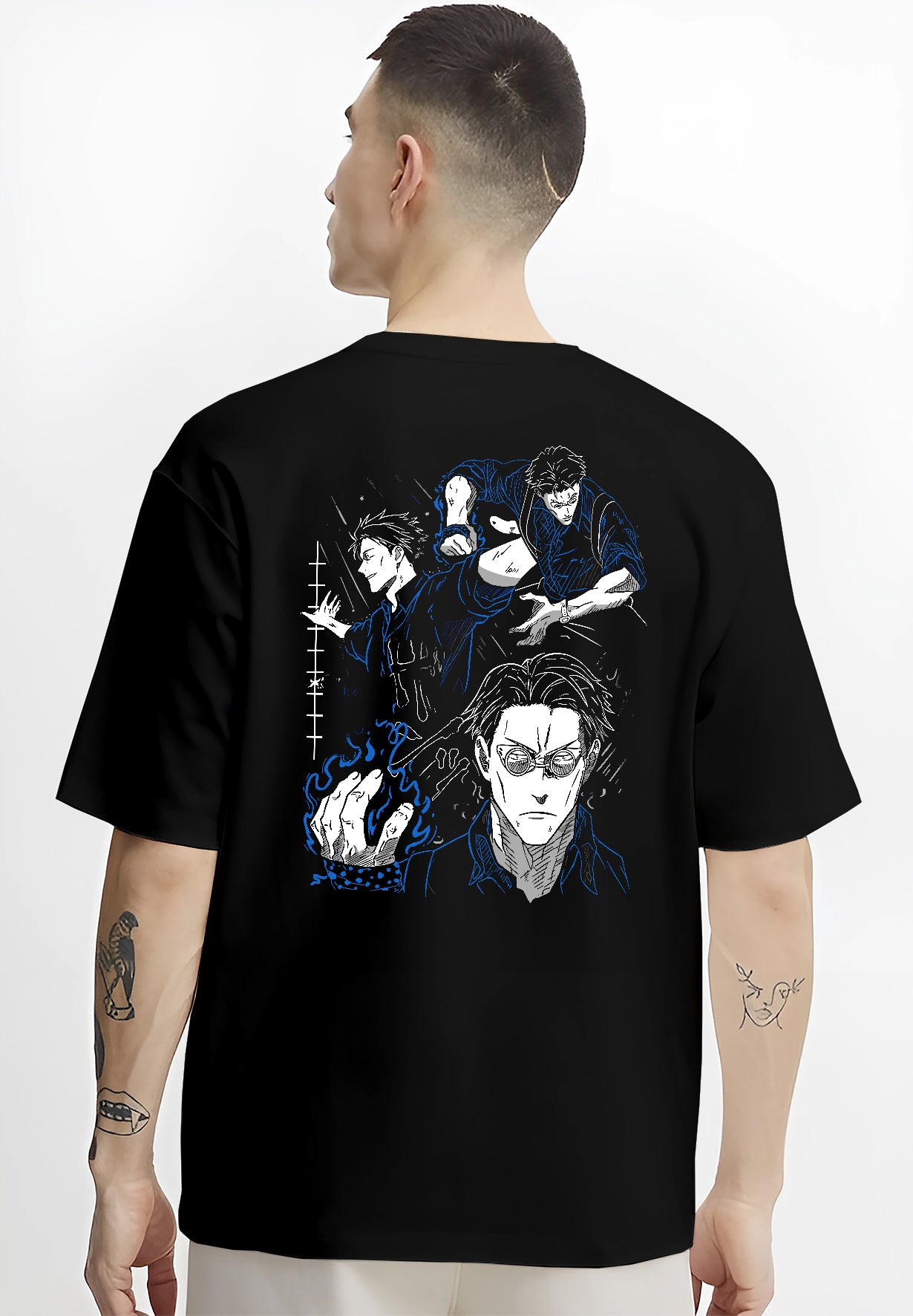 Black T-shirt worn by a male model, back view, featuring Kento Nanami dark manga panel inspired design with bold anime poster artwork and glowing blue flames.