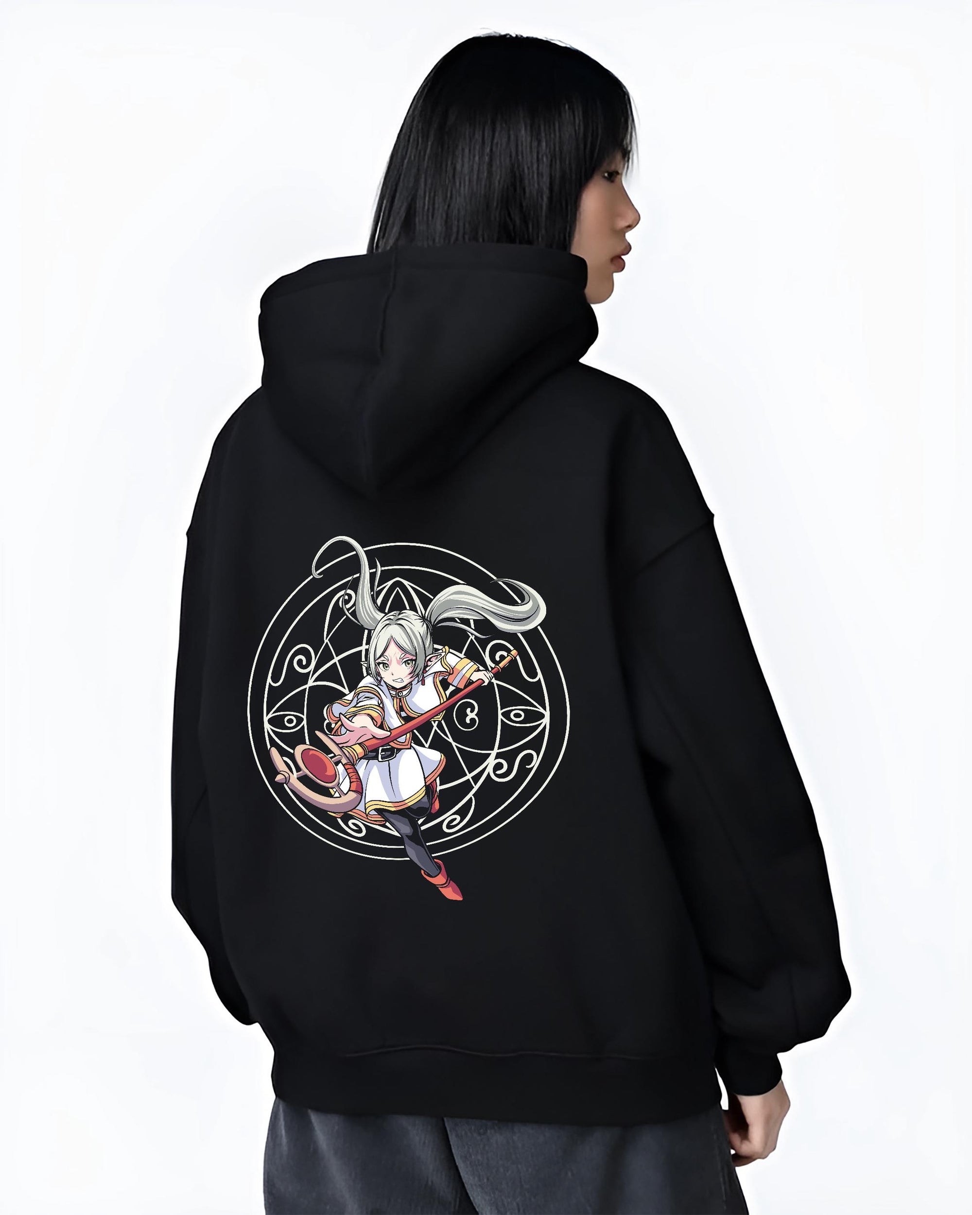 Black hoodie on female model, back view, Noelle Silva Black Clover retro manga design with staff and ornate magic circle.
