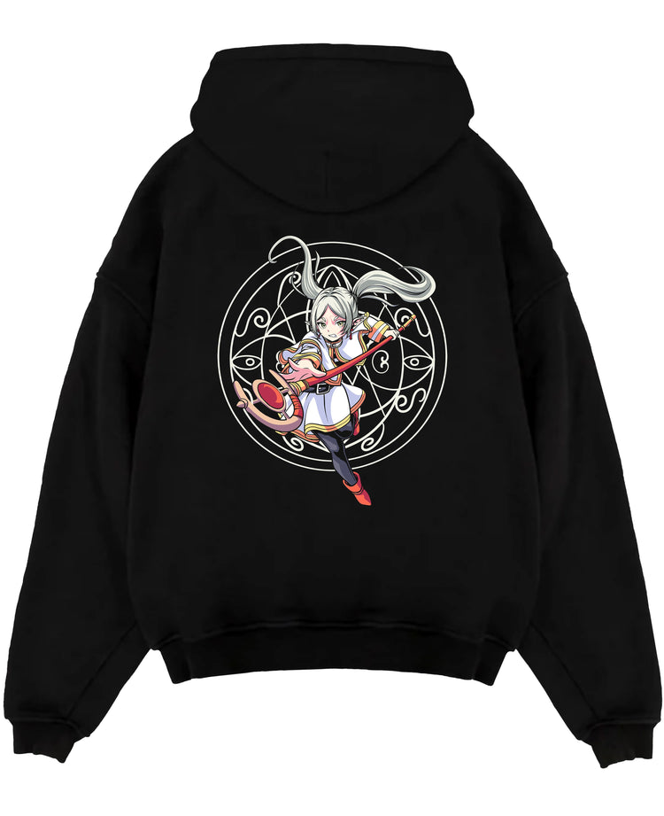 Black pullover hoodie laid flat on white, featuring Noelle Silva Black Clover retro manga magic-circle graphic with staff pose.