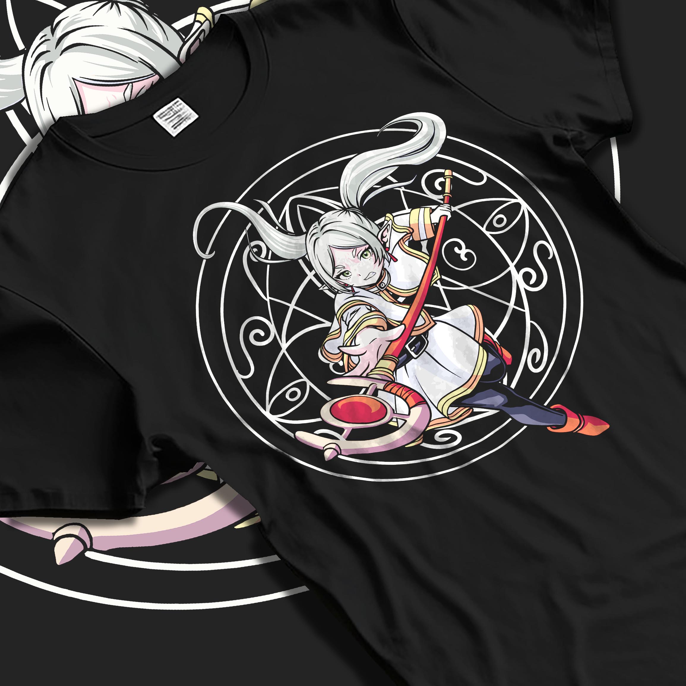 Black T-shirt laid flat with soft folds, featuring Noelle Silva Black Clover retro manga magic-circle artwork.