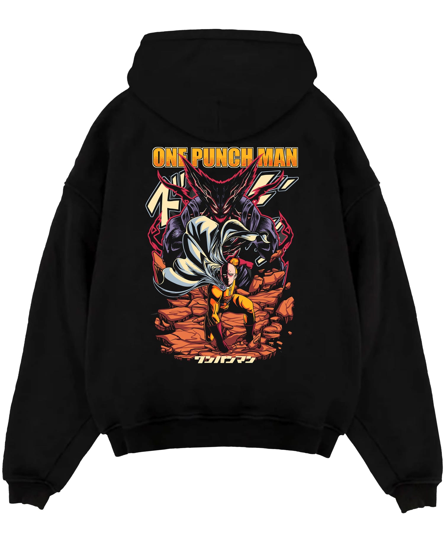 Black pullover hoodie laid flat on a white background, featuring One Punch Man anime poster inspired artwork with Saitama and Garou in retro manga battle style.