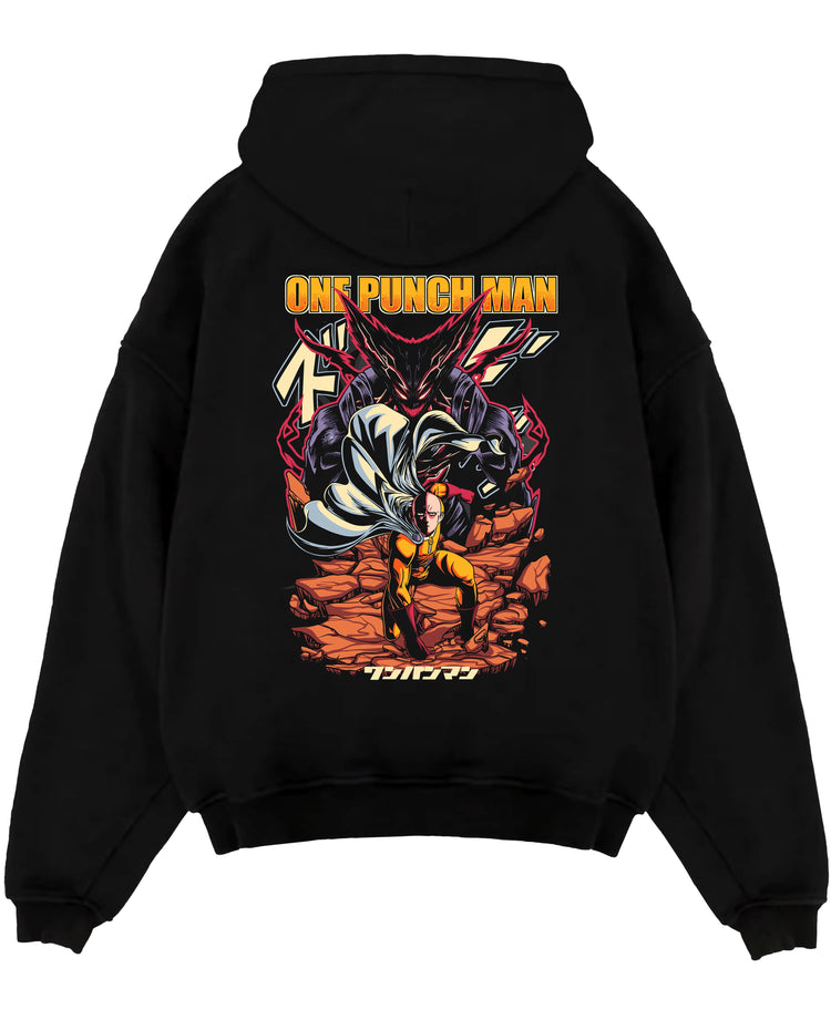Black pullover hoodie laid flat on a white background, featuring One Punch Man anime poster inspired artwork with Saitama and Garou in retro manga battle style.