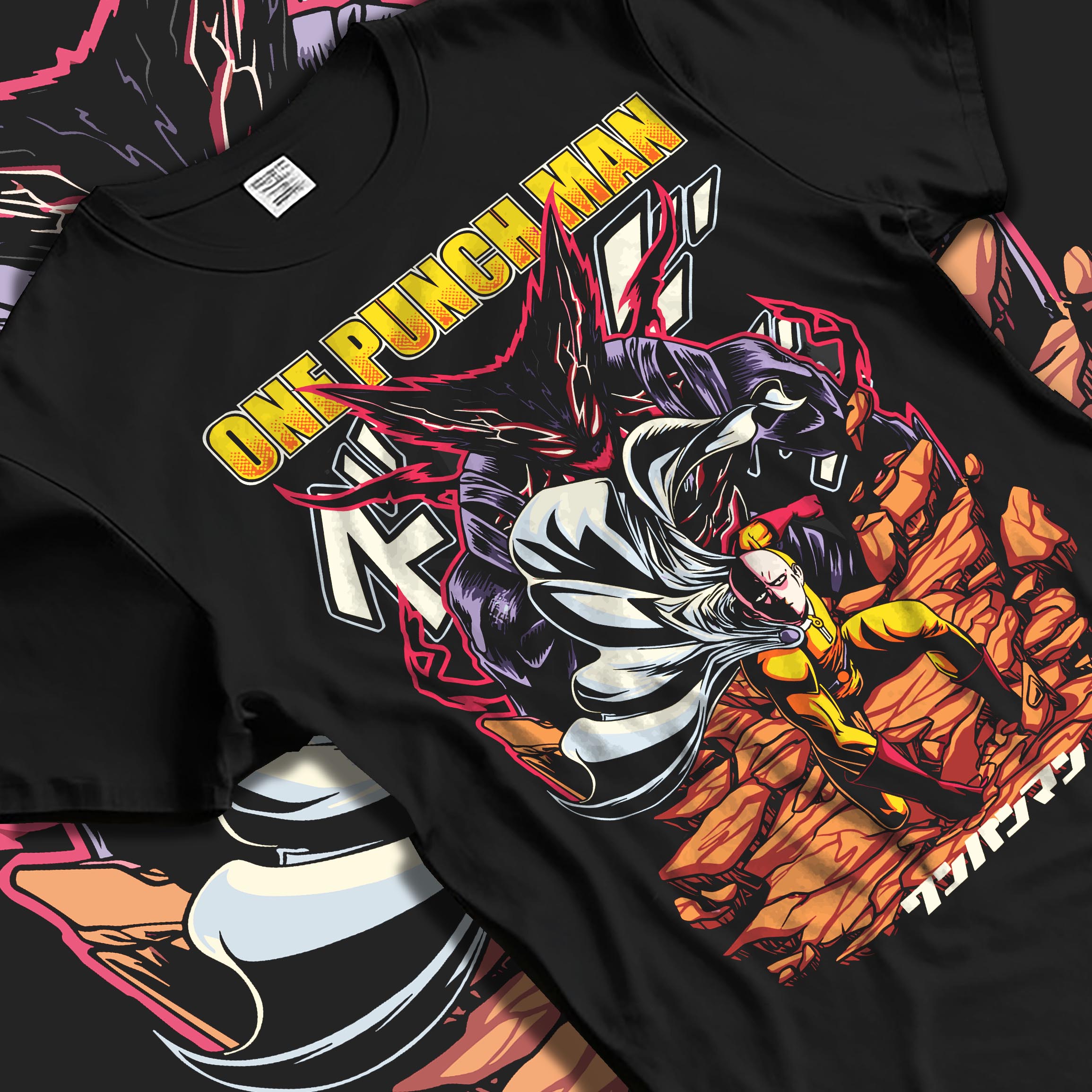 Black T-shirt laid flat with natural fabric folds, featuring One Punch Man anime poster inspired design with Saitama versus Garou in vintage retro manga aesthetic.